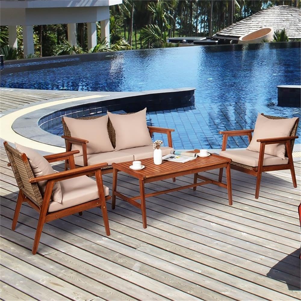 Pemberly Row 4-Piece Outdoor Patio Furniture Set, Acacia Wood and Rattan, Cushioned Sofa and Chairs, Brown Finish, Ergonomic Design, Ideal for Garden, Porch, or Patio Seating
