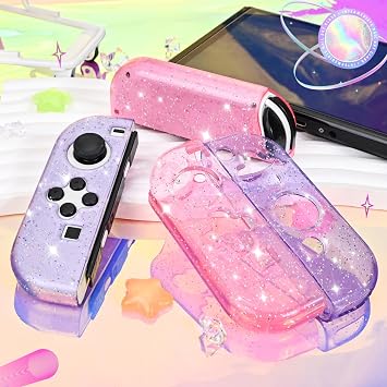 DLseego Glitter Protective Case for Switch Joy Con Controllers, 2 Pairs Handheld Soft TPU Transparently Protective Cover Replacement Shell Case for Switch & Switch OLED Model Joy Cons - Purple Pink