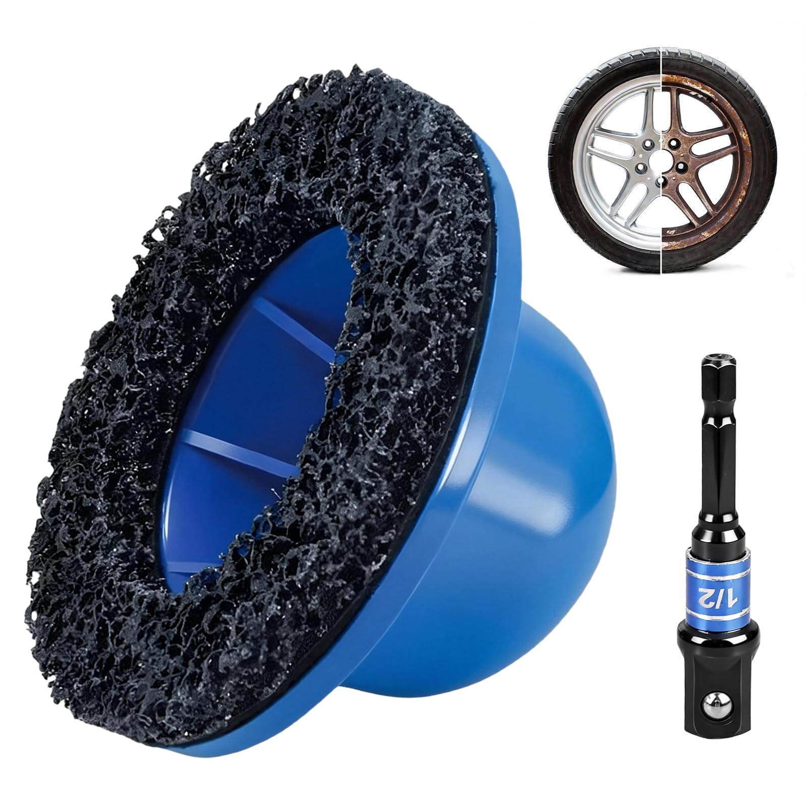 Smerigliatrice per mozzi auto, smerigliatrice a testa sferica con asta adattatore per cacciavite da 1/2", diametro interno 90 mm, diametro esterno 150 mm, spazzola per cambio cerchioni, mozzo della