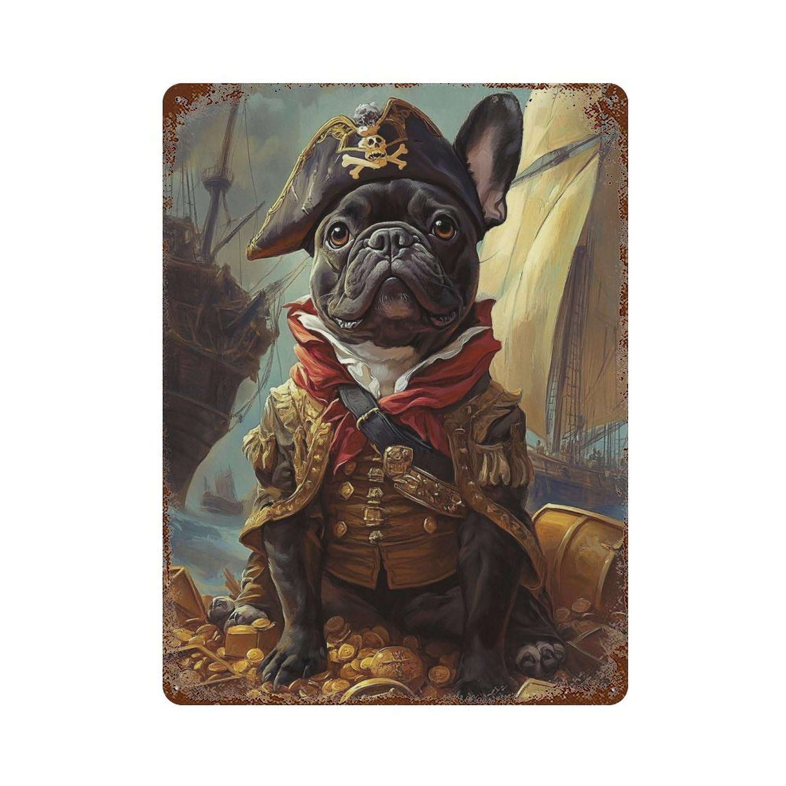 Garage Style Pirate Bulldog Treasure Chest-2 Rustic Tin Plaque 15.7"x11.8", Vintage Wall Decor for Bar And Workshop