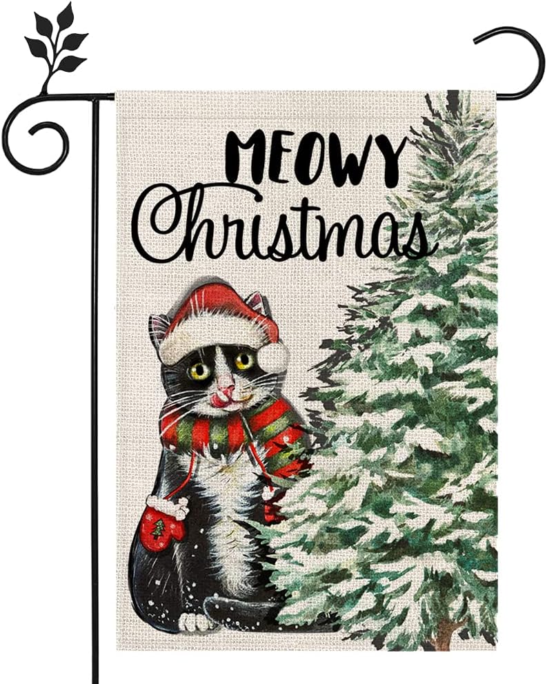 CROWNED BEAUTY Meowy Christmas Cat Garden Flag 12×18 Inch Double Sided Small Vertical Rustic Farmhouse for Seasonal Holiday Winter Yard