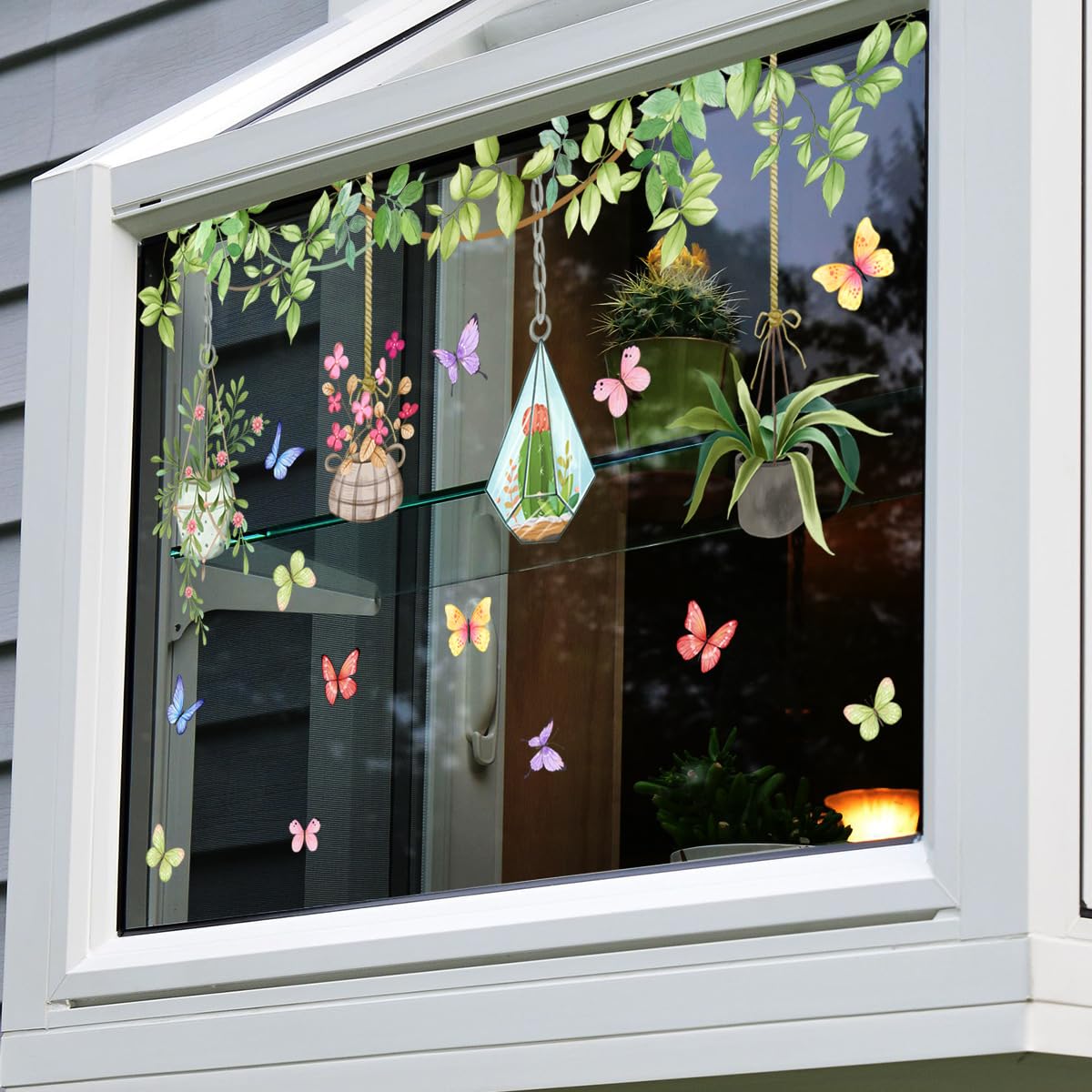 Runtoo Potted Plant Window Clings Flower Catcus Hanging Vines Glass Wall Decals Stickers Tropical Botanical Cactus Living Room Bedroom Home Decor - Image 2