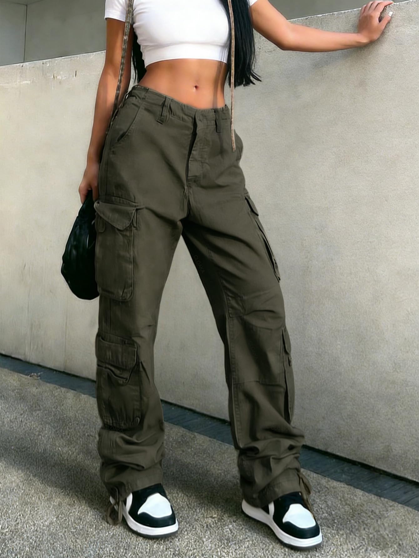 CLOAKA Pantalon cargo Y2k pour femme - Pantalon cargo ample en coton - Taille haute - Avec poches - Streetwear