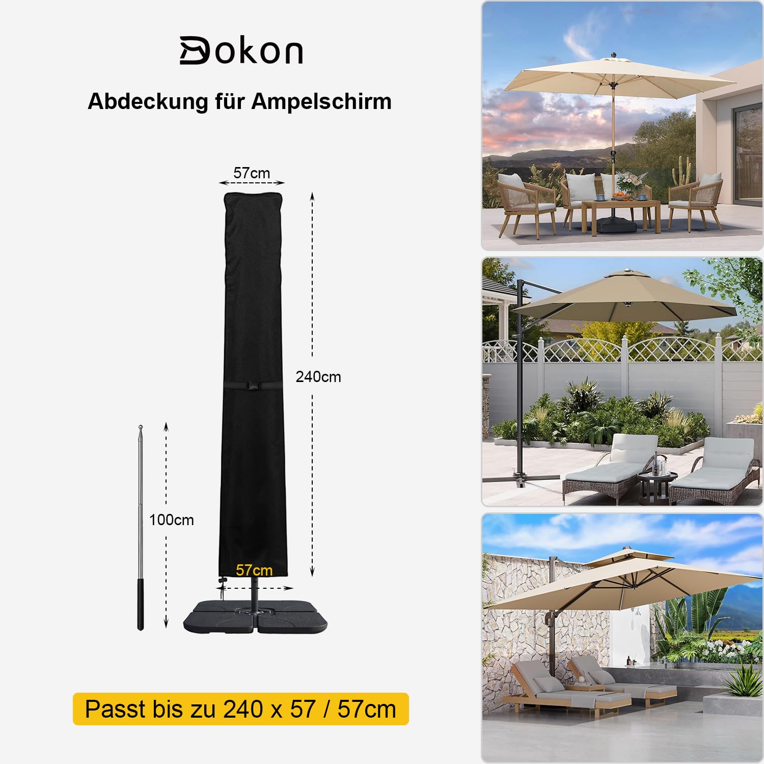 Dokon Schutzhülle für Ampelschirm mit Stab, Ampelschirmhülle für Ø 400cm / 300x300cm, Sonnenschirm Abdeckung Wasserdicht Winddicht UV-Beständig Abdeckhauben für Gartenschirm Marktschirm, 240x57/57cm