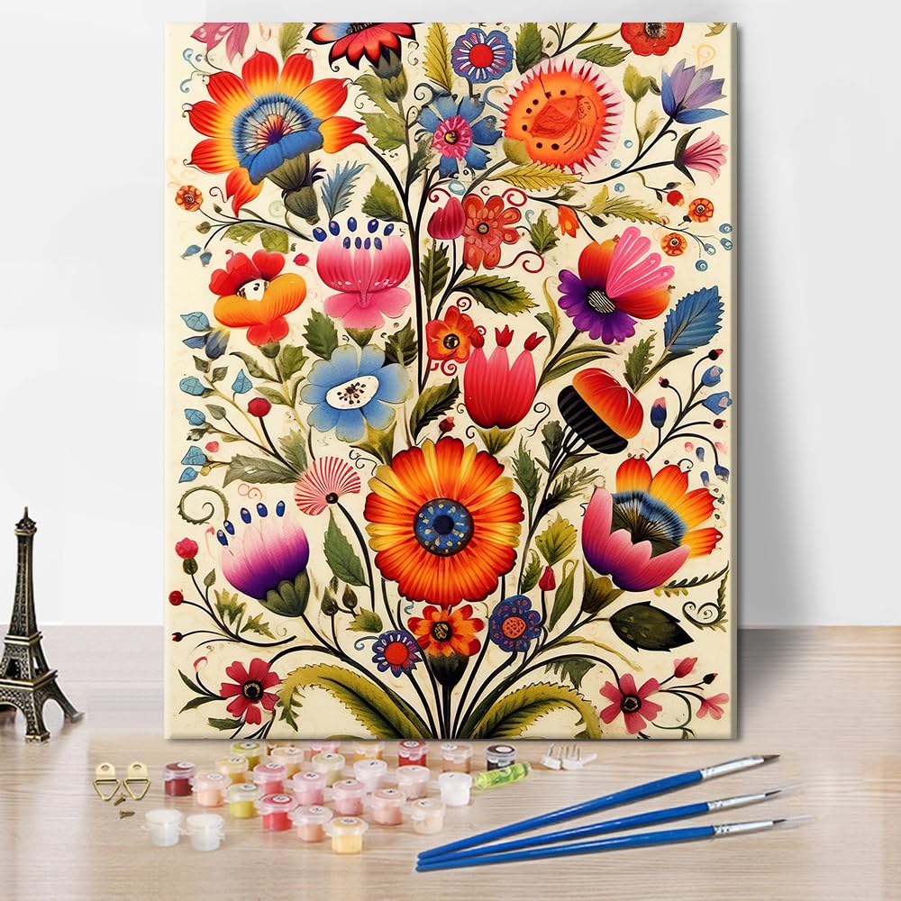 TISHIRON Polish Folk Art Paint by Numbers Kit for Adults Bunch of Flowers on a Wall Paint by Number with Brushes and Pigment, Art Crafts DIY Oil Painting, 16x20 Inch