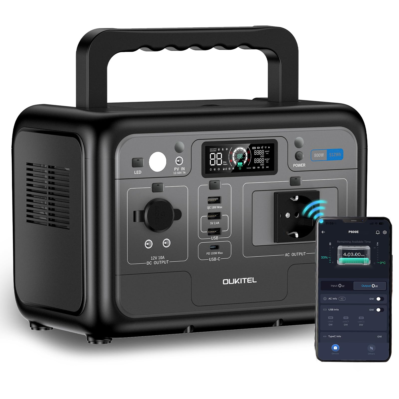 OUKITEL P800E Estación de Energía Portátil 512Wh, LiFePO4 Generador Solar | 800W Salidas AC (Pico 1600W), Carga Rápida en 1 Horas, Power Station Para Camping, Viajes, Emergencias, Cortes de Luz