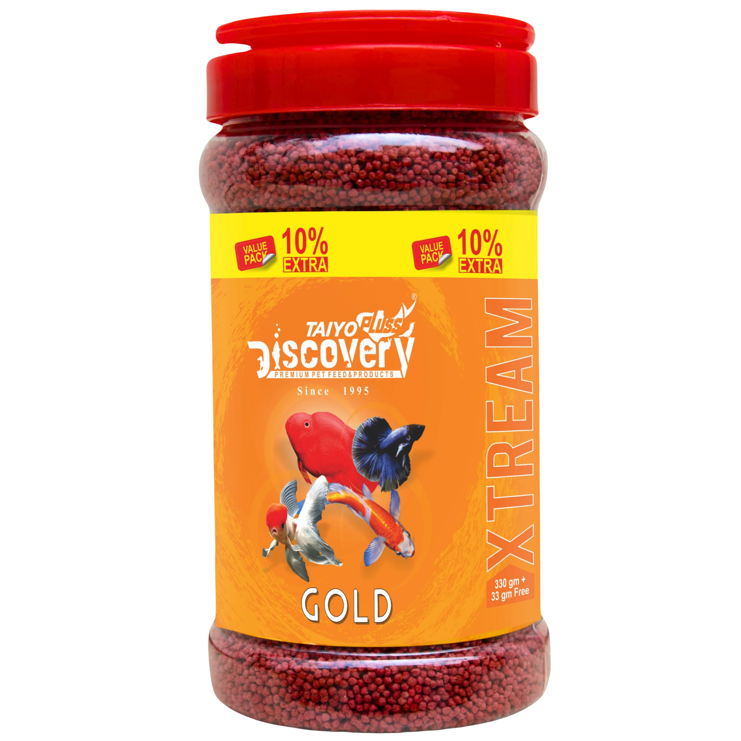Taiyo Pluss Discovery Xtream Gold Fish Food - 363 g (330 g + Extra 10% Free) (Pack of 1) | Tropical Fish Feed Fish Meal & Shrimp Meal for Growth, Colour & Strength