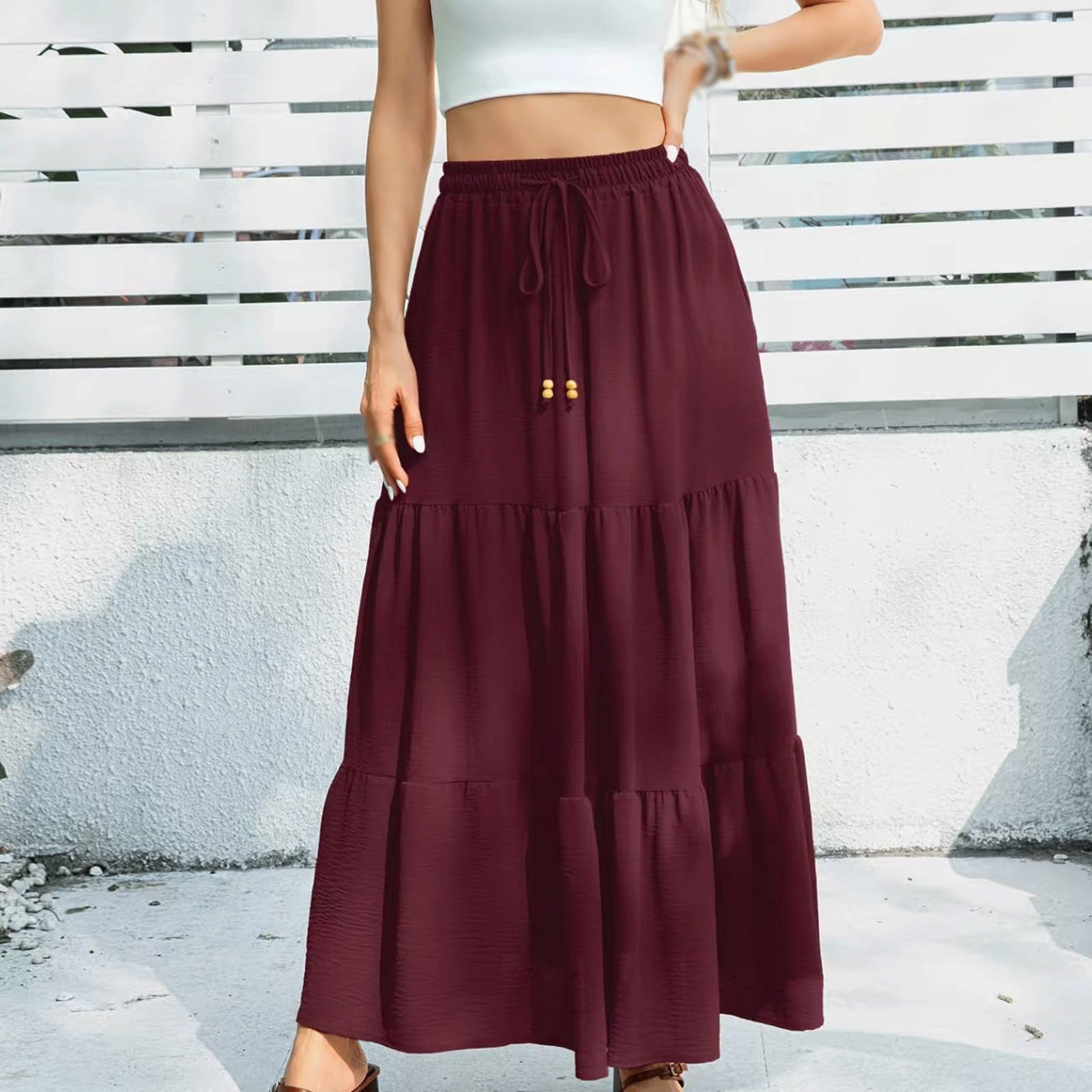 DUddTTW Pleated Women's Midi Skirt Maxi Skirts Midi Length Flowy Skirt Ankle Length Skirts High Waisted Swing Skirt with Pockets Fashion(Winered,XX-Large)