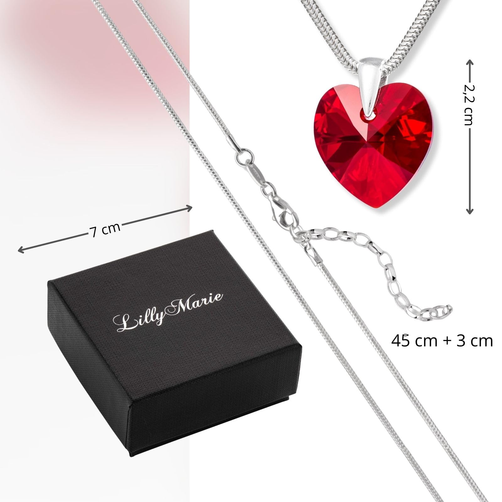 LillyMarie Damen Halskette Aus Sterling Silber Mit Rotem Herzanhänger Und Verstellbarer Länge