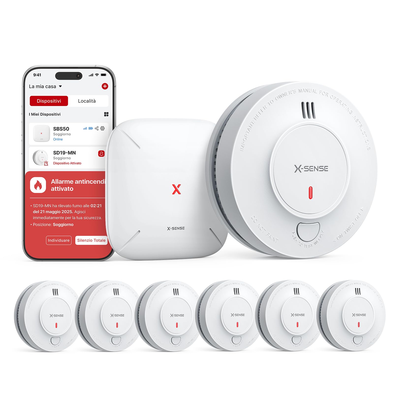 X-Sense Rilevatore di Fumo Wi-Fi Kit Base, SD11-MR61, 6 Rilevatori + 1 Base | Notifiche in tempo reale tramite APP, Allarme antincendio con Certificato EN 14604, Sensore 10 anni con batteria sostituibile