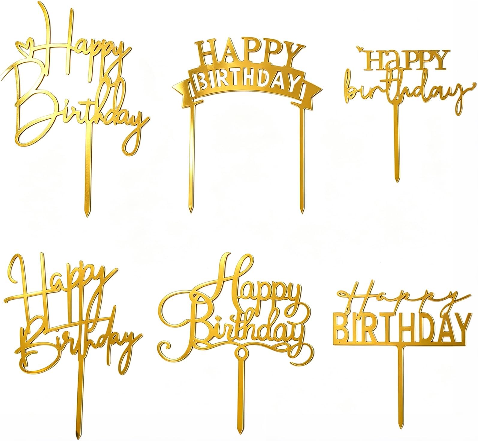 Gold Birthday Cake Topper, 6pcs Acrylic Birthday Cake Toppers Happy Birth Cake Toppers for Decorations Gold Topper for Girls Women's Party Decorations