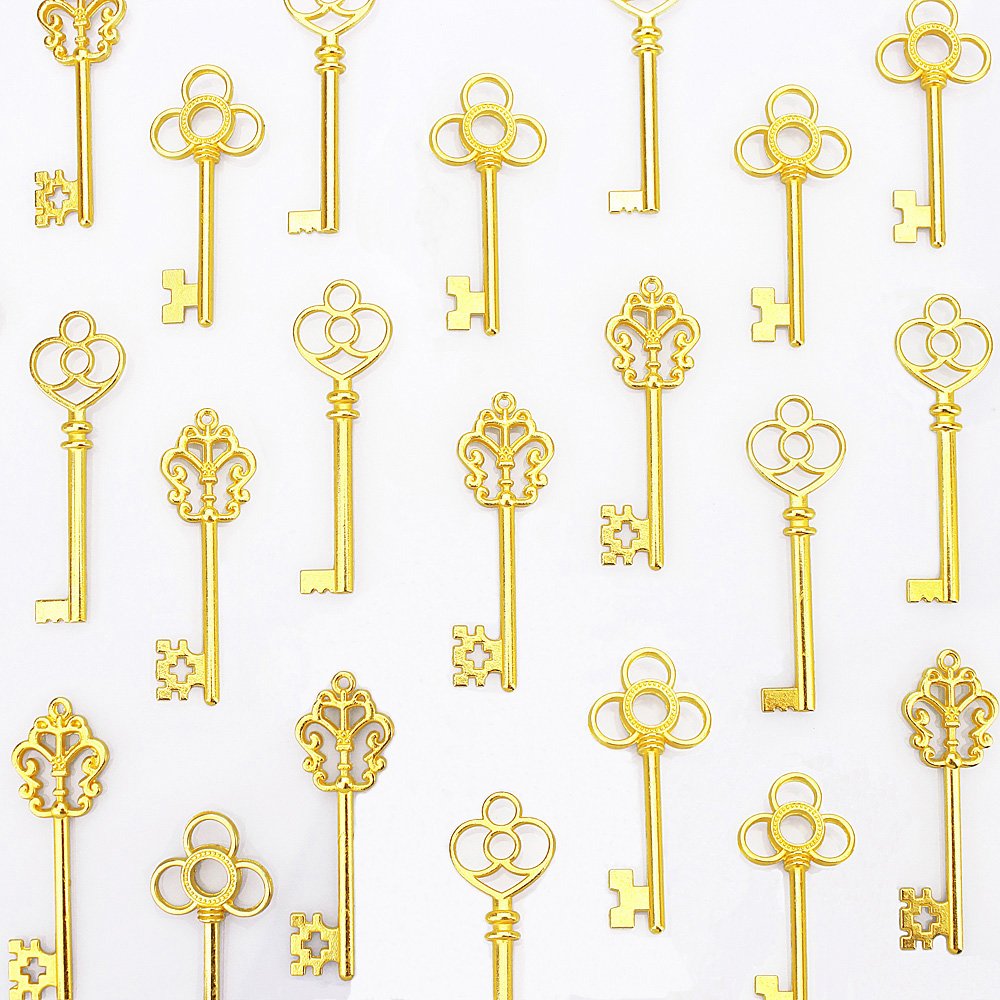 LolliBeads (TM Antiqued Silver Plated Assorted Key Charm Set Necklace Pendant, Victorian Filigree Heart Royal Key (30 Pcs)