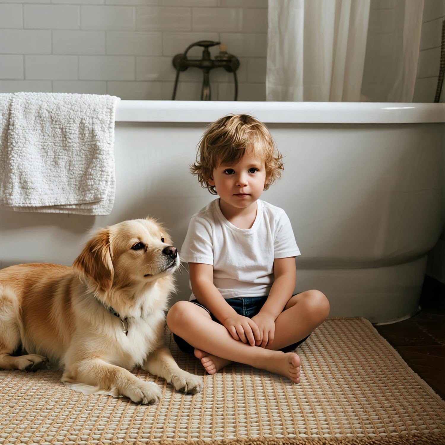 Waffle Bath Mat, Boho Bathroom Rugs Non Slip Washable, Ultra Soft Super Absorbent Quick Dry Farmhouse Bathroom Decor, 24" x 36", Khaki & White