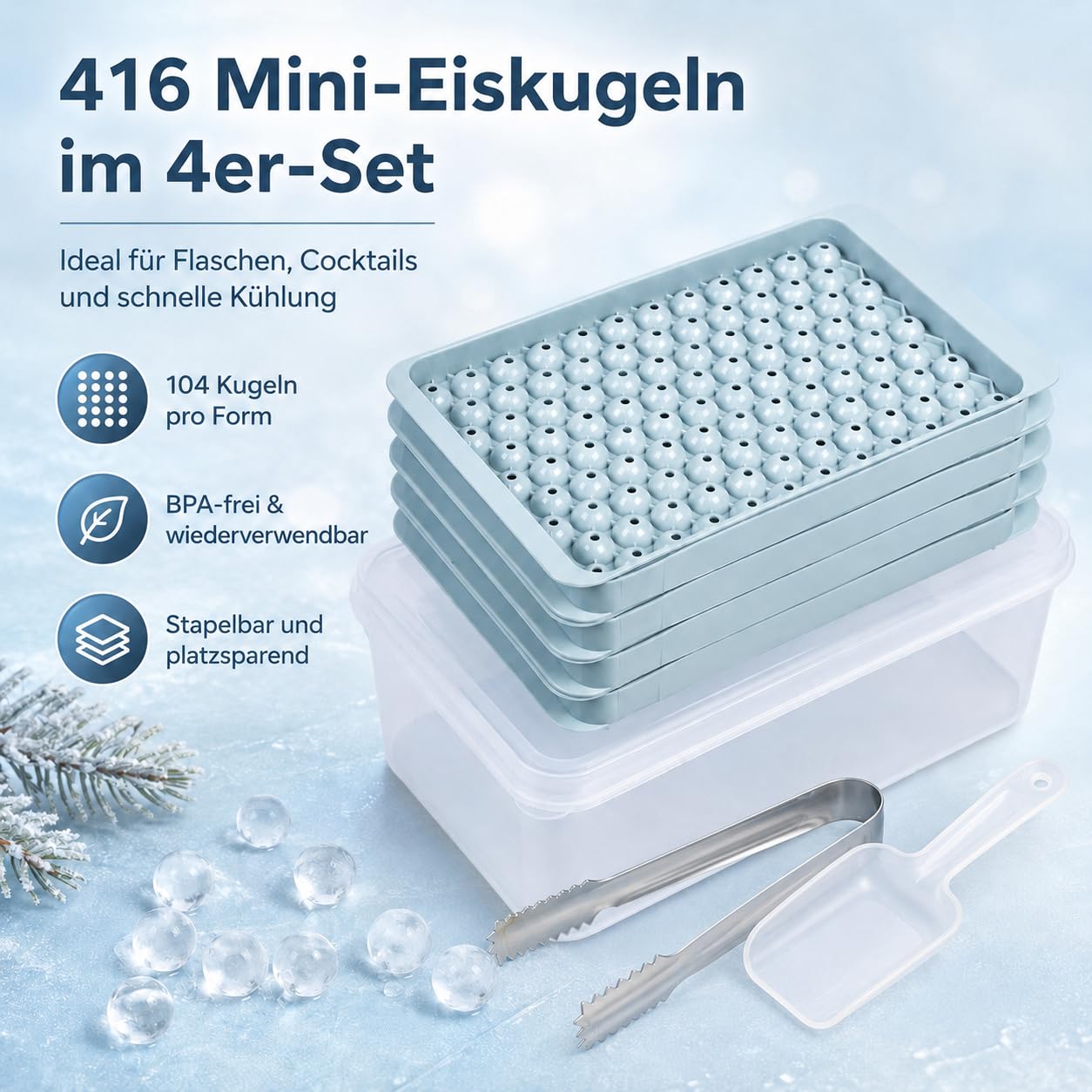 Eiswürfelform mit Deckel, Ice Cube Tray 4er Set, 416 Kugeln | 4 Eiswürfelformen mit Deckel für 416 runde Mini Eiskugeln, ideal für Drinks, Cocktails, Eiskaffee und Barzubehör.