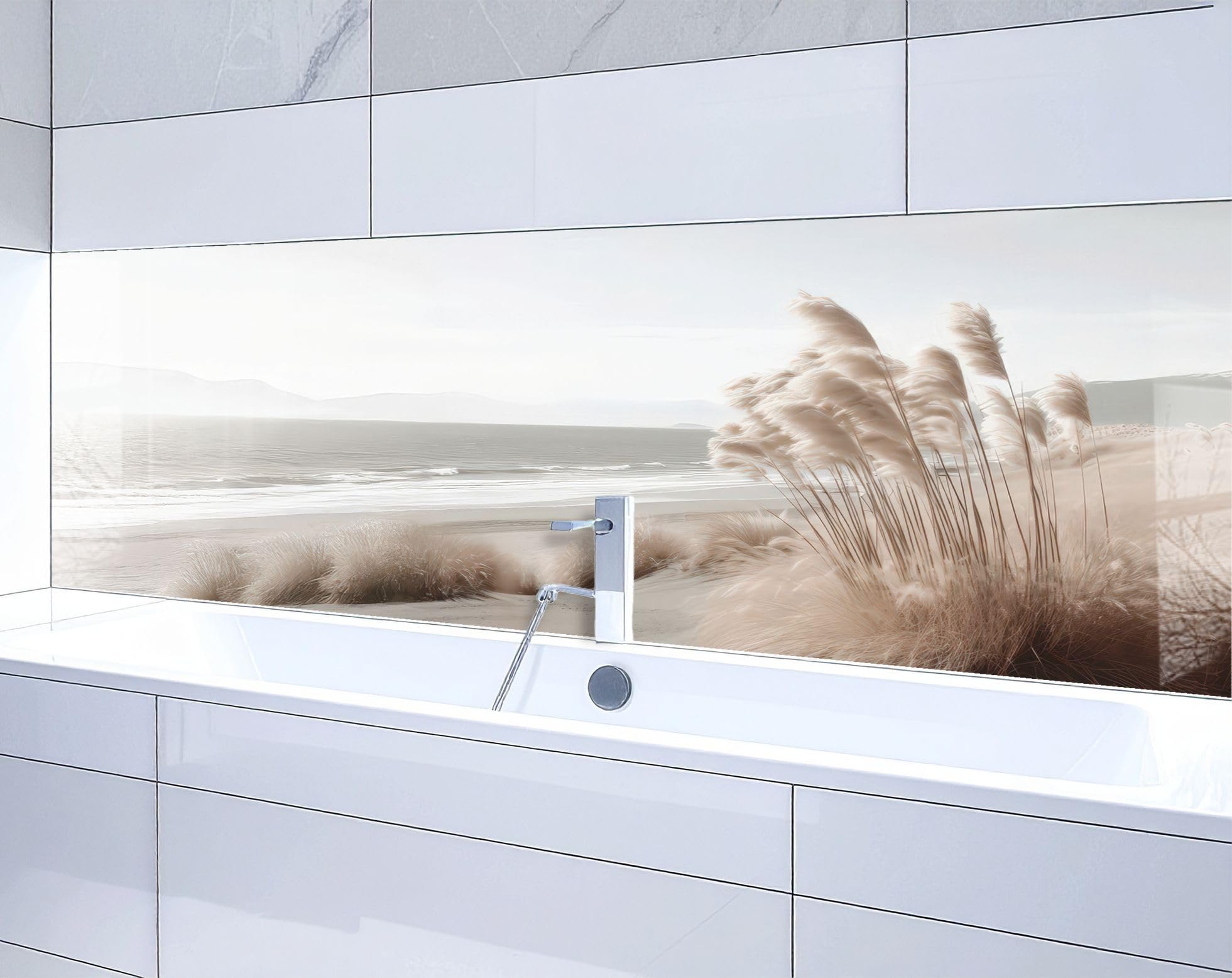 Waschbecken und Badewannenrückwand 200 x 58 cm - aus Acrylglas | Natur, Strand – Pampasgras, Meer, Dünen, Beige, Boho | Wandpaneele Bad Badrückwand Platte Badewanne Rückwand Badezimmer Glasoptik
