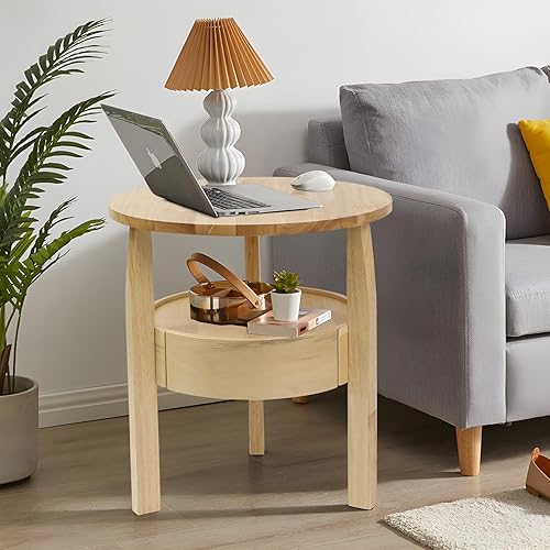 Miniatura 7 de Mesa auxiliar redonda con almacenamiento y cajón oculto, mesa auxiliar de madera natural de 20 pulgadas de profundidad x 20 pulgadas de alto con