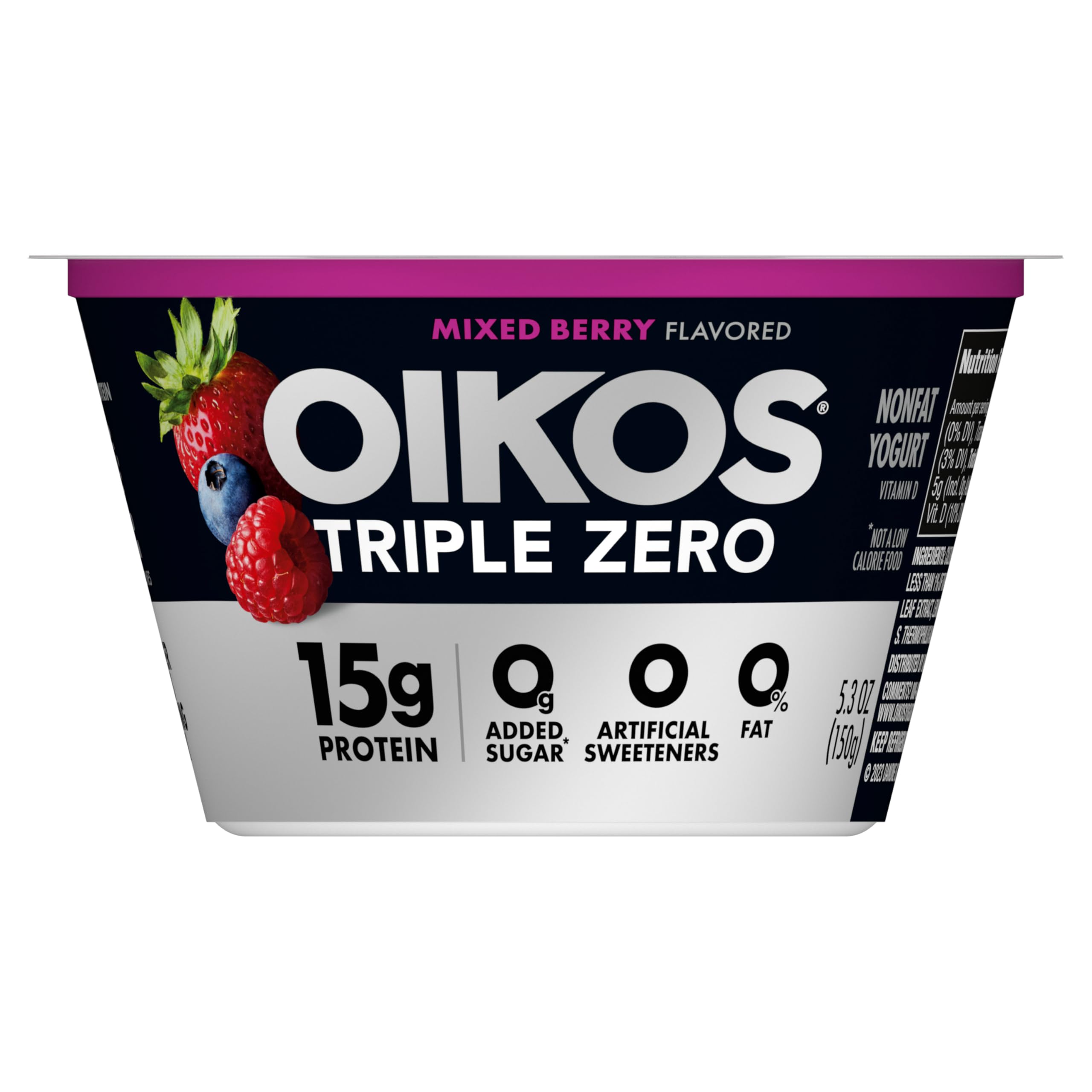 Triple Zero Mixed Berry Nonfat Greek Yogurt, 0% Fat, 0g Added Sugar and 0 Artificial Sweeteners, Just Delicious High Protein Yogurt, 5.3 OZ Cup