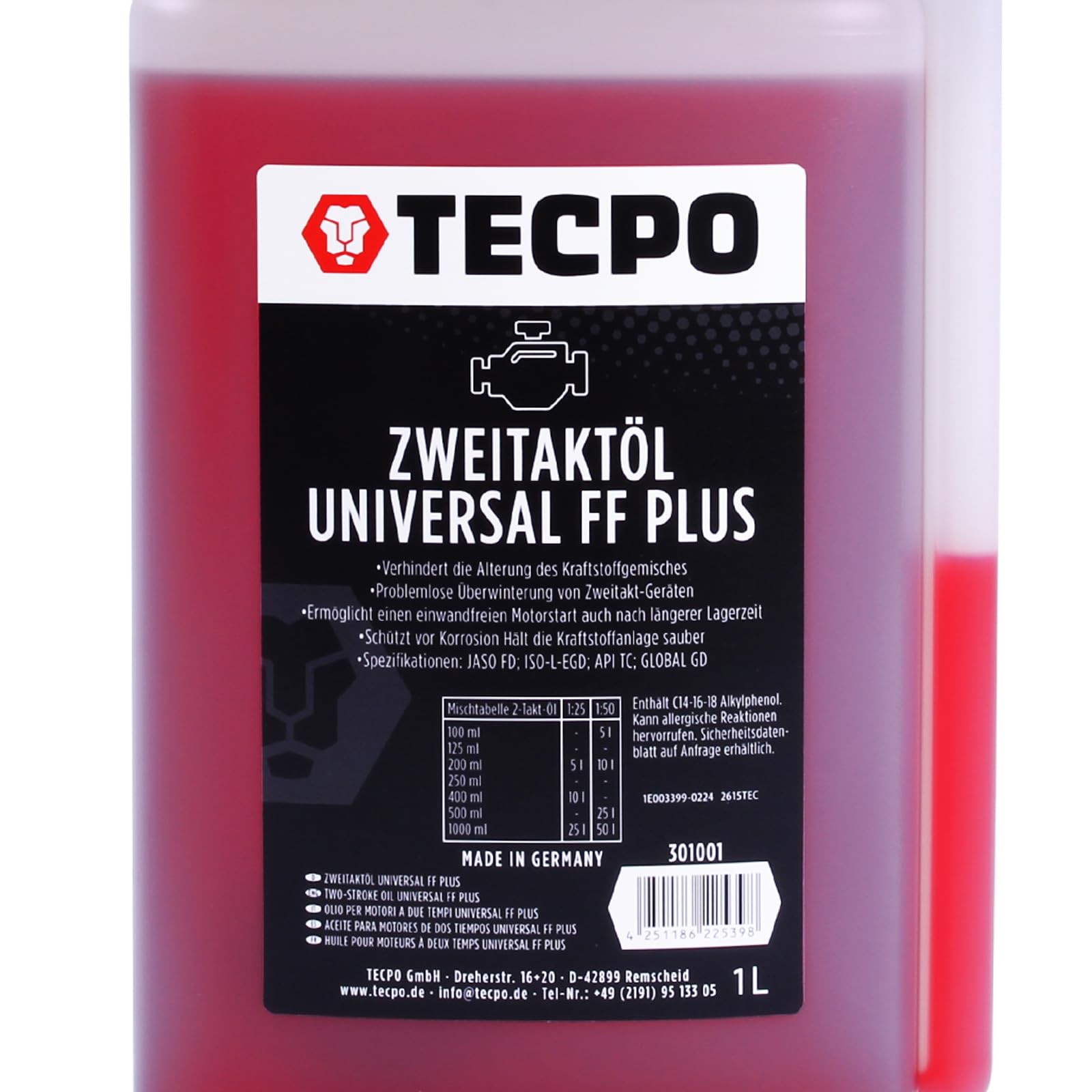 TECPO Zweitaktöl Universal 2-Takt FF Plus, teilsynthetisch, mit Fuel Fresh für Gemisch & Getrenntschmierung für Motorsäge, Rasenmäher, Mofa, JASO FD, ISO-L-EGD, API TC 1:50 mischbar