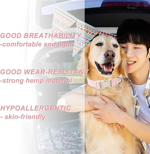 Miniatura 4 de DOGWONG Collar de algodón y cáñamo para perros, collar rosado resistente ajustable de tela natural suave para mascotas, lindo collar de boda para