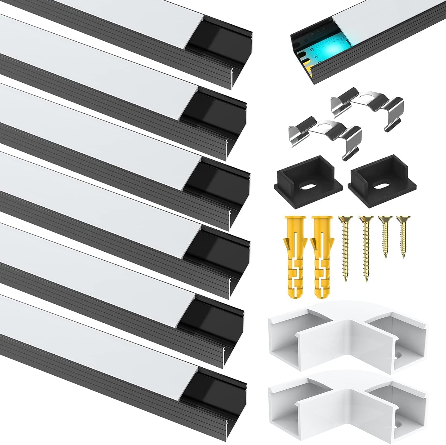 Paquete de 6 perfiles LED de aluminio para tiras de luces LED Philips Hue, etc., difusor LED negro con cubierta blanca lechosa, tapas de extremo y clips de montaje de metal