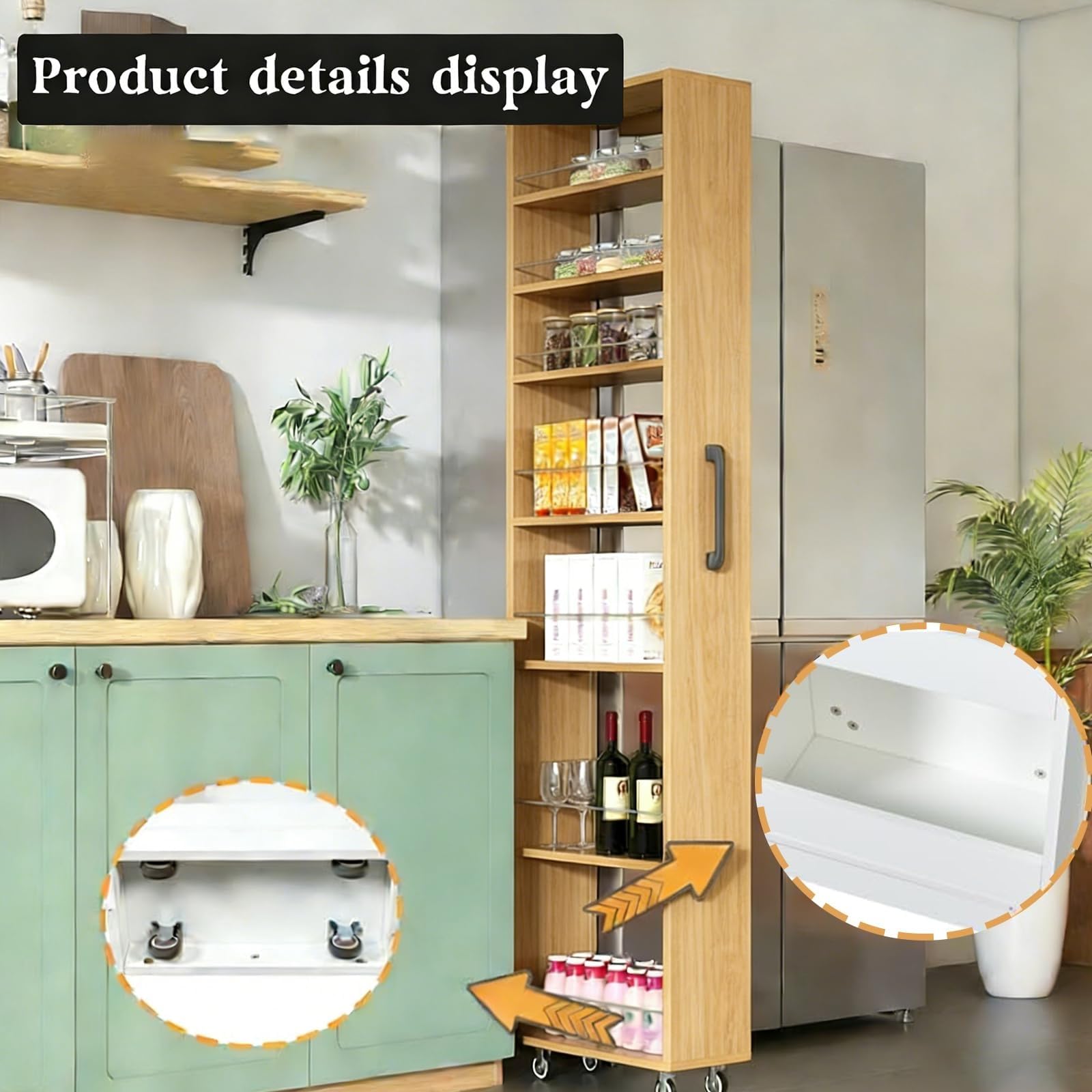Mobiletto Stretto Salvaspazio su Ruote - 25x45x184cm Grigio Scuro, Estraibile Carrello da Cucina, Scaffale in Legno, Libreria Aperta per Soggiorno e Bagno, Maniglia Inclusa