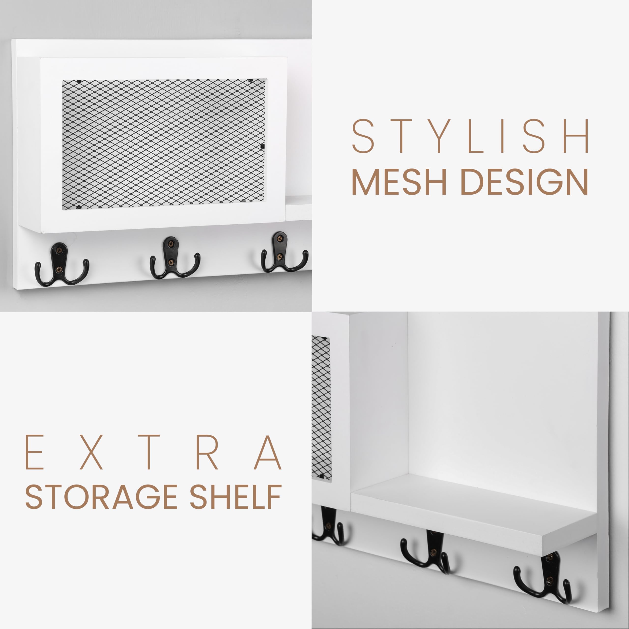 Porta Lettere E Chiavi Da Parete In Legno - Con 8 Ganci E Ripiano Bianco - Foto 5