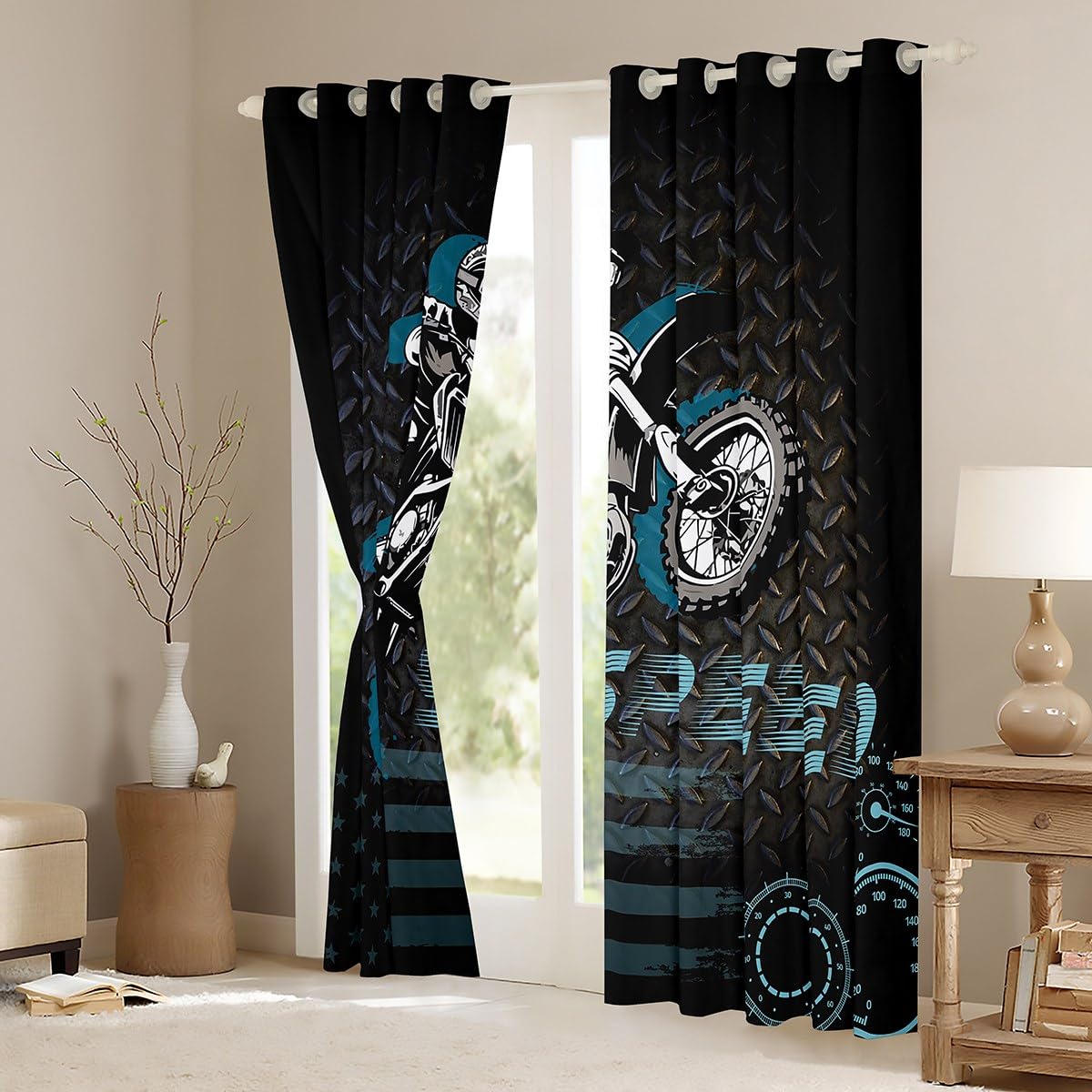 Manfei Motorbike Blackout Curtain Speeding Motorcycle Rider Window Drapes for Kids Boy Room Decor Extreme Sports Theme Window Treatments Grommet Top 2 Panel Set Bedroom Curtains - Image 3