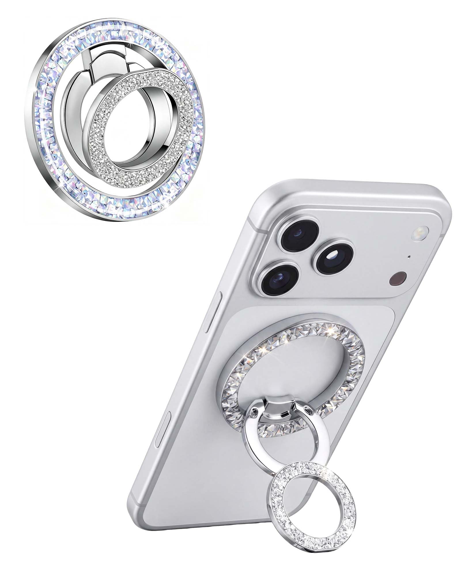 Magnetic Phone Ring for MagSafe Phone Grip, Super Magnet, Stylish Ring Holder Stand with for iPhone 17 16 15 14 13 12 Pro Max Air, Mag Safe Women Decor Accessories, Glitter Silver 2026