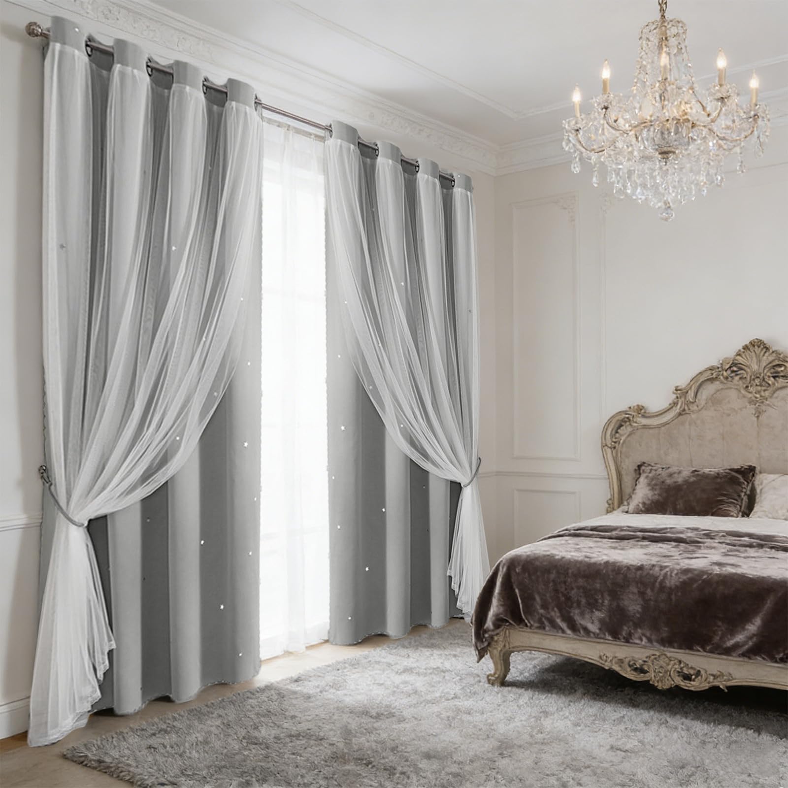 Double Layer Blackout Curtains, 84 Inch Star Lace Sheer with Thermal Insulated Liner, 2 in 1 Room Darkening Drapes for Bedroom Living Room (Grey)