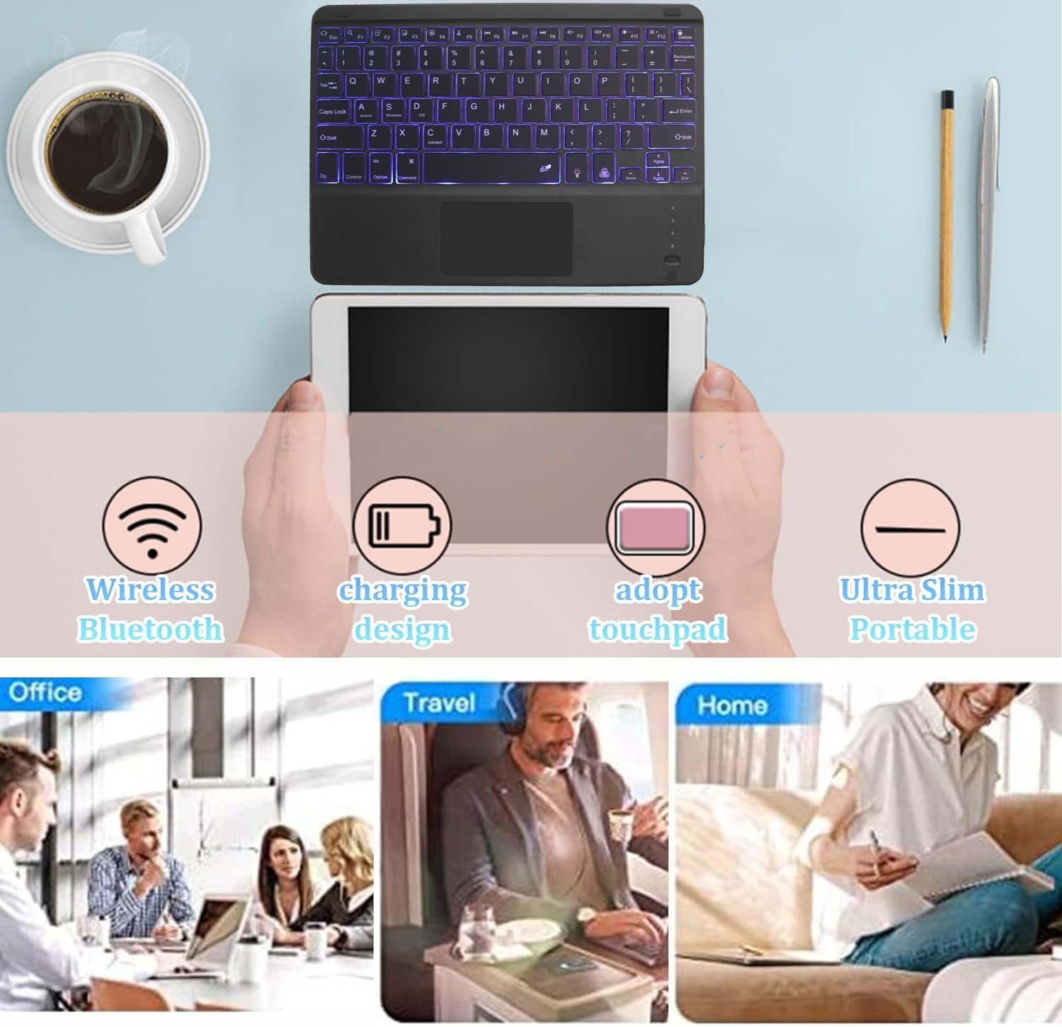Teclado Bluetooth inalámbrico, teclado ultradelgado de 10 pulgadas con retroiluminación de 7 colores con panel táctil, teclado portátil inalámbrico inalámbrico inalámbrico Bluetooth portátil para 3
