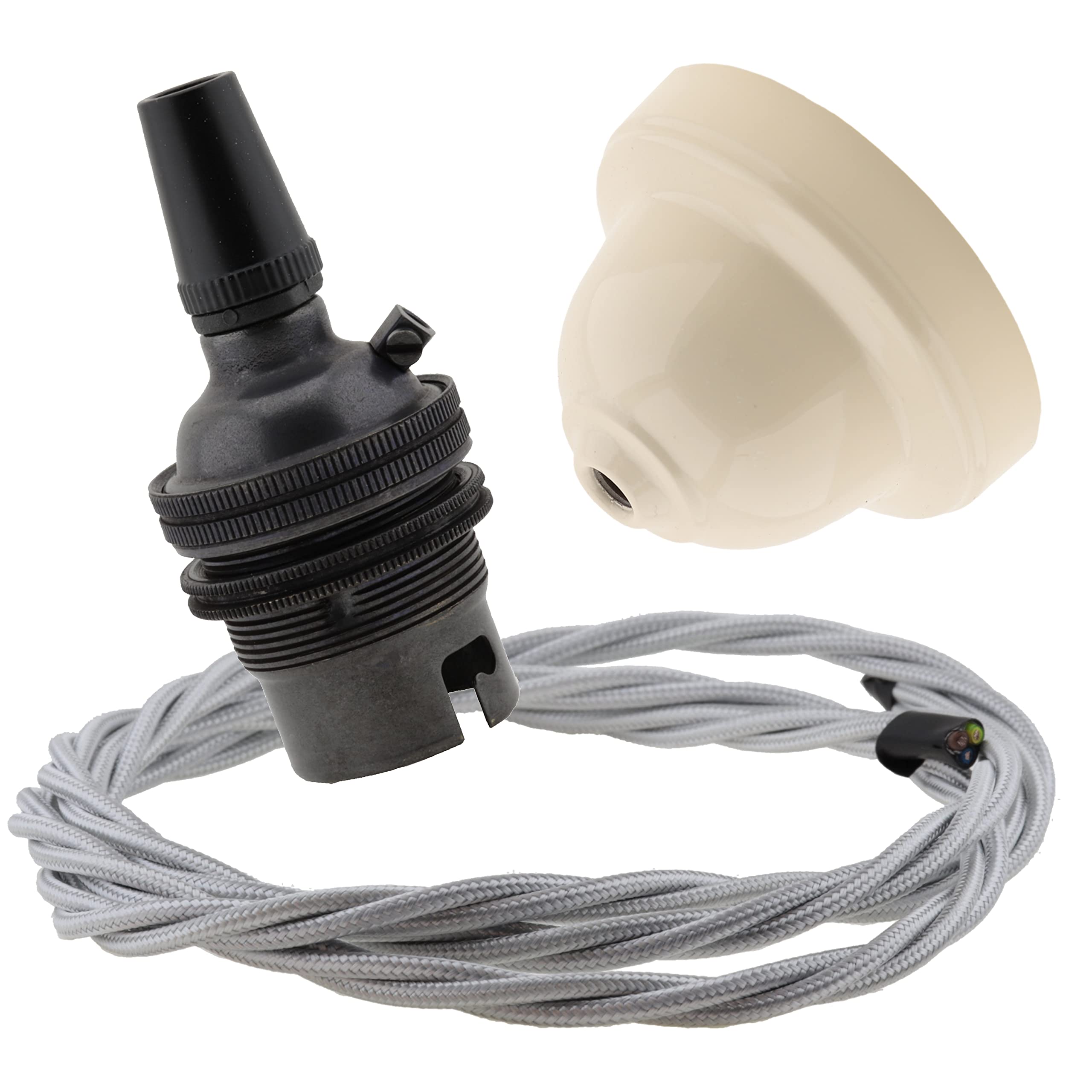 Repaireum Ltd. Ivory Bakelite Ceiling Pendant Kit with B22 Dark Bronze Finish Lampholder and Silver Flex