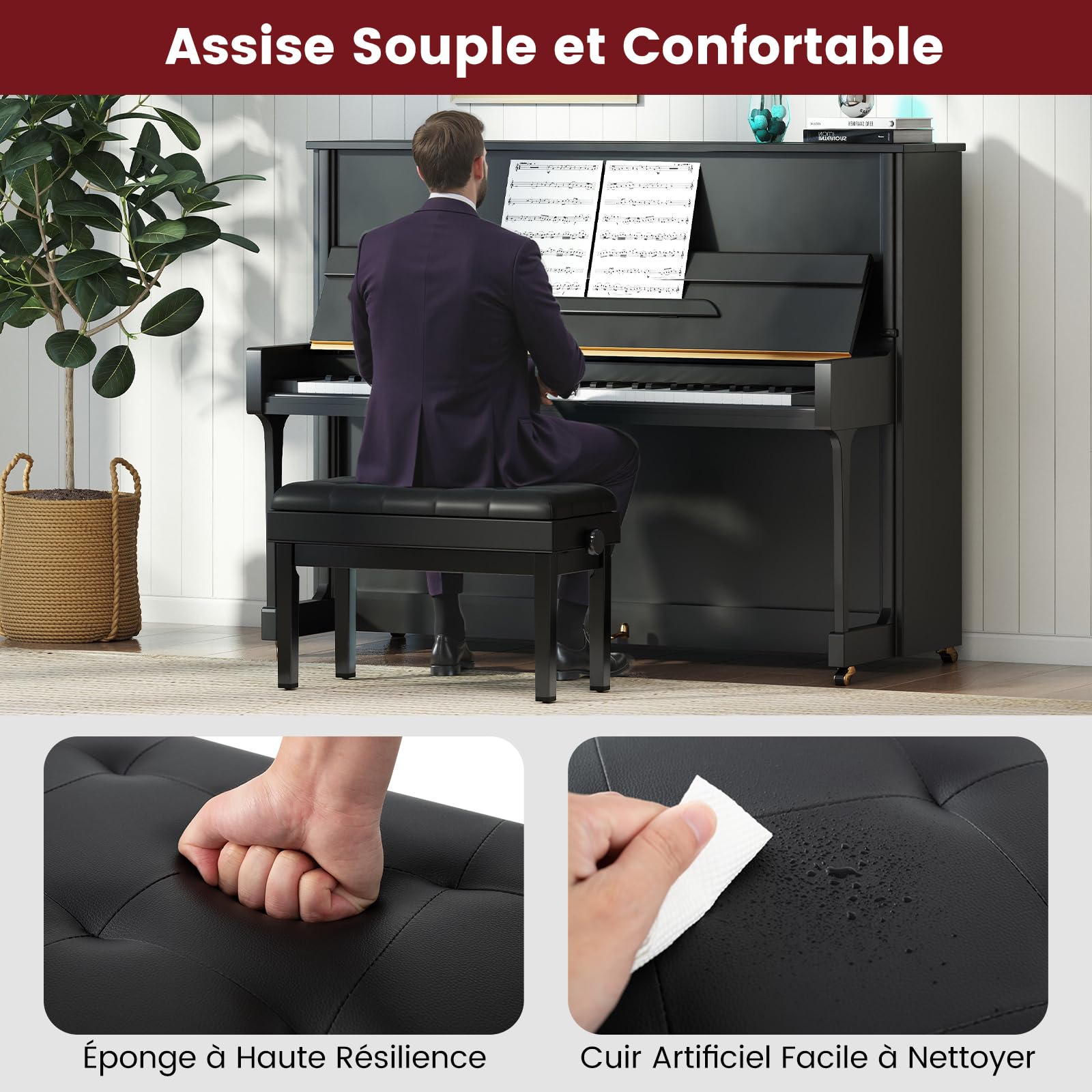 GIANTEX Banc pour piano avec hauteur réglable de 48 à 58 cm, tabouret rembourré pour 2 personnes, tabouret avec espace de rangement et pieds antidérapants, noir