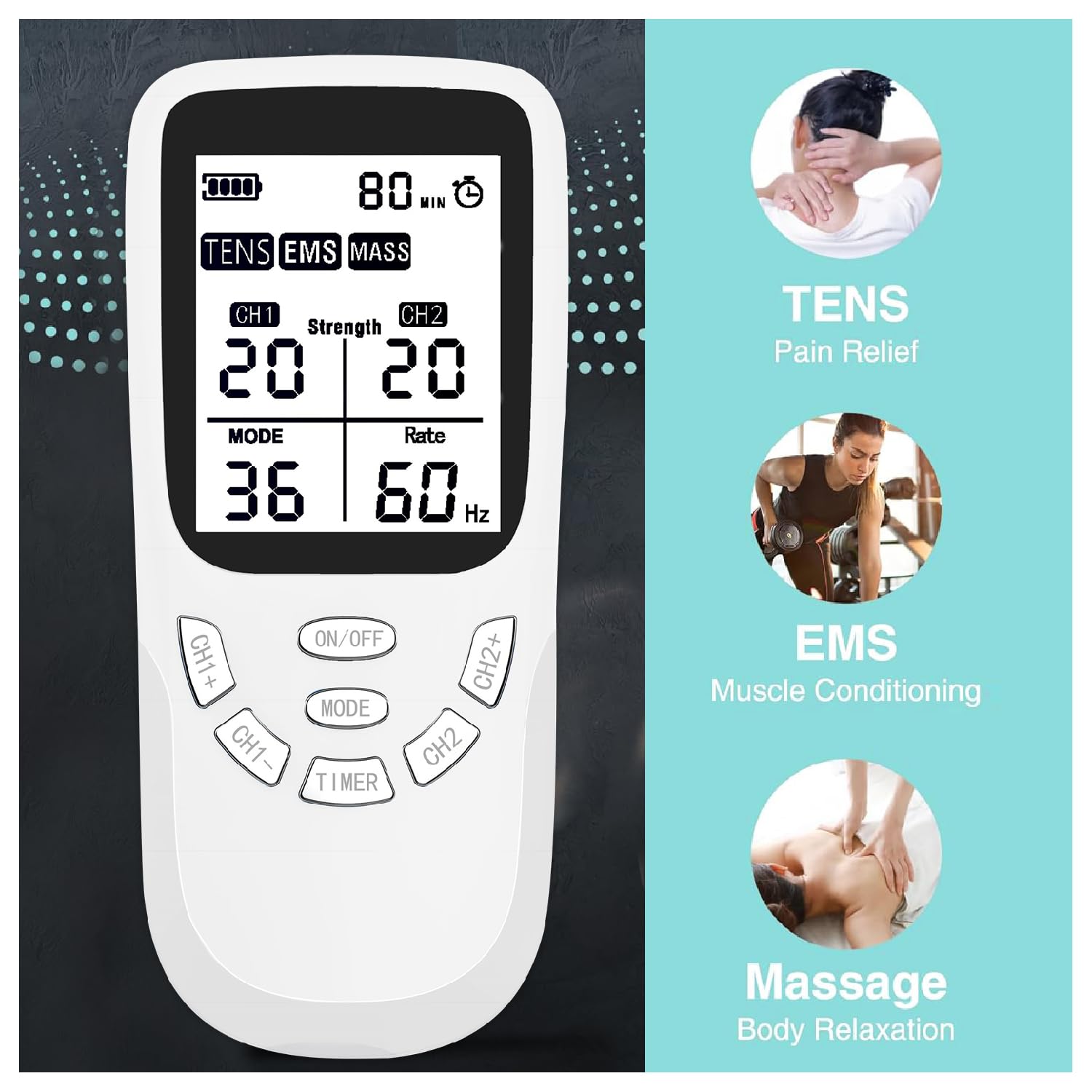 TENS Professionale Elettrostimolatore Muscolare Ricaricabile con USB–36 Programmi,40 Livelli di Intensità,Sollievo Dolore Cronico e Acuto,Rilassare per Schiena,Cervicale,Articolazioni,Sciatica e Corpo