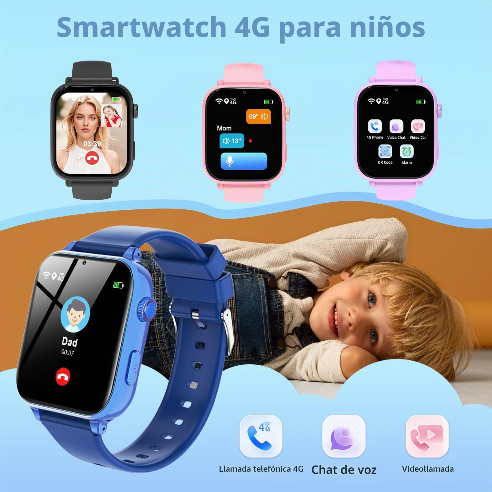 PTHTECHUS Reloj Inteligente Niño, Smartwatch Niños con GPS y Llamadas 4G, Telefono, SOS, Chat de Voz, Videollamada, Modo Clase, Reloj Infantil Niño Niña de 4 a 12 Años Regalos Navidad (Azul)