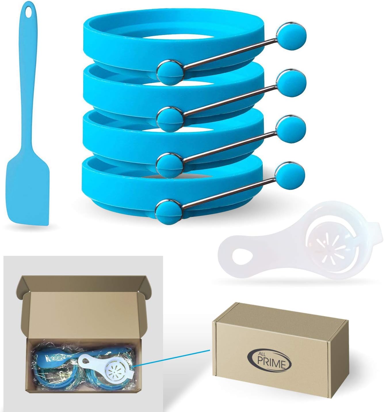 All Prime Non Stick Silicone Egg Ring 4-Pack –Also Included ($9 Value) FREE Egg Separator Tool & Egg Spatula - Egg Ring- Egg Mold - Egg Rings for Frying Eggs - Pancake Rings - Pancake Mold