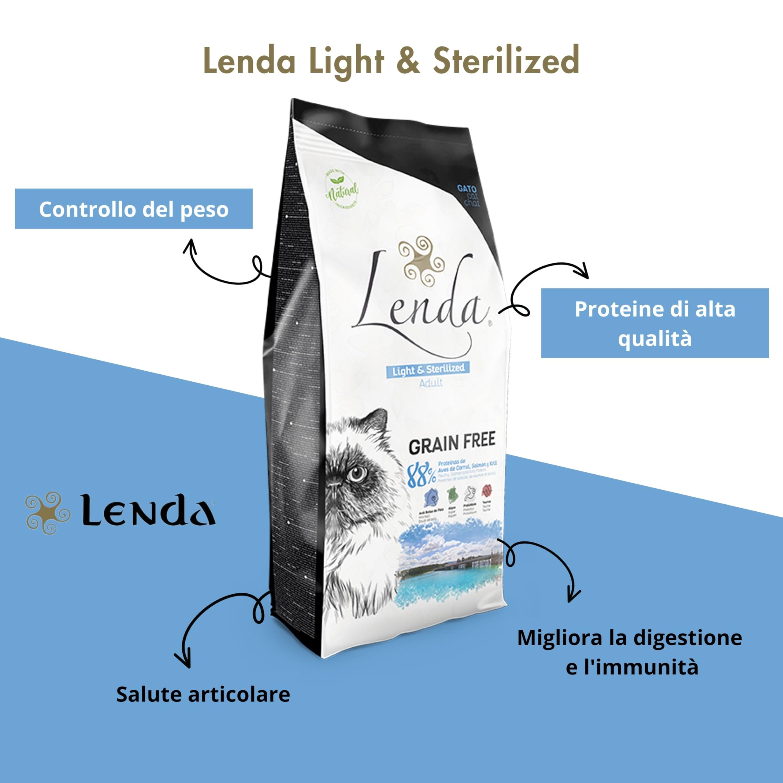 Lenda Gatto Adult Light & Sterilized 7 kg - Crocchette Senza Cereali per Gatti Adulti Sterilizzati o in Sovrappeso - Cibo Basso Contenuto Calorico - Con Condroprotettori - Croccantini Naturale