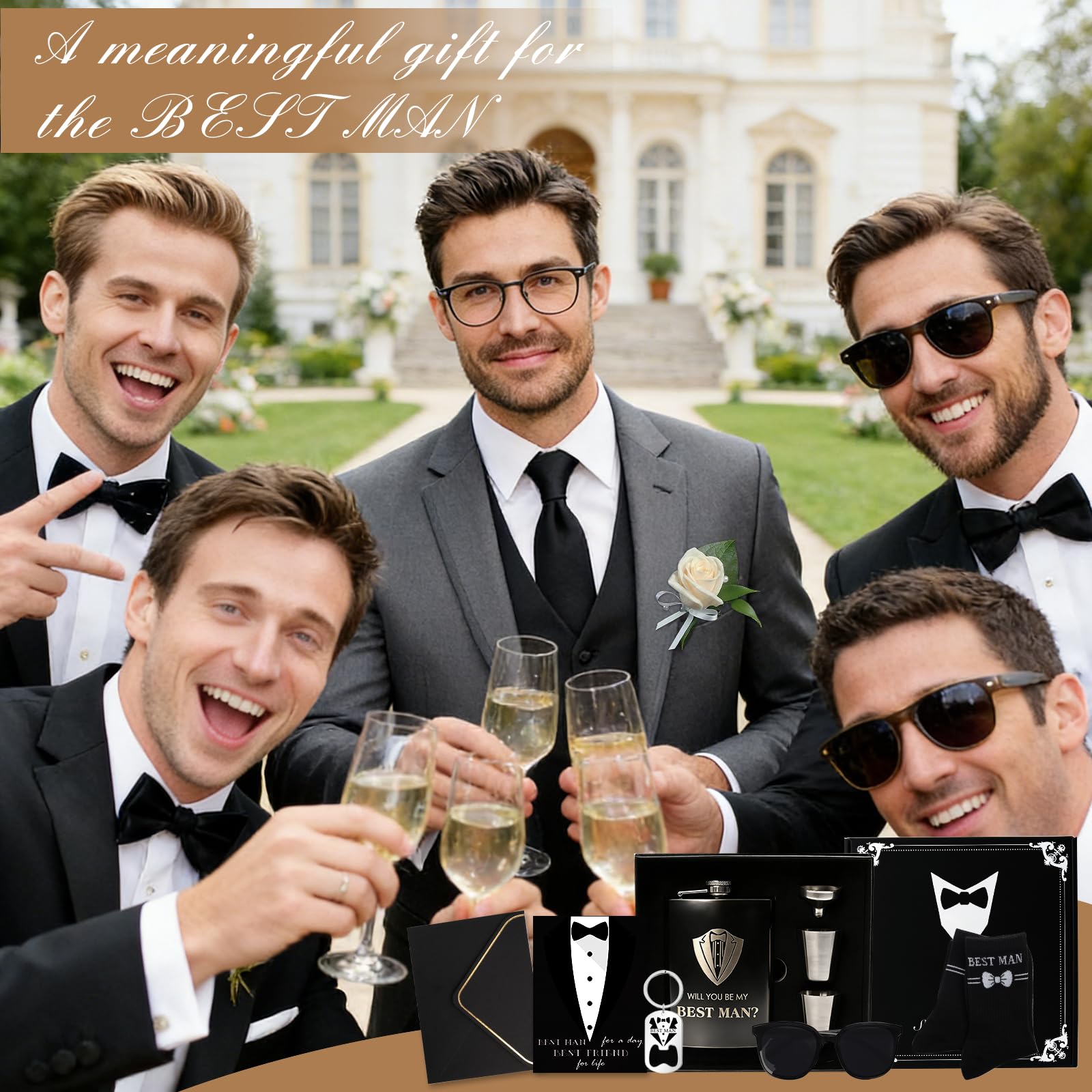 Set di 9 Regali per Testimoni Dello Sposo, Set Regalo per Testimone Dello Sposo di Nero Include Fiaschetta Incisa, Bicchierini, Apribottiglie, Calzino, Biglietti di Auguri