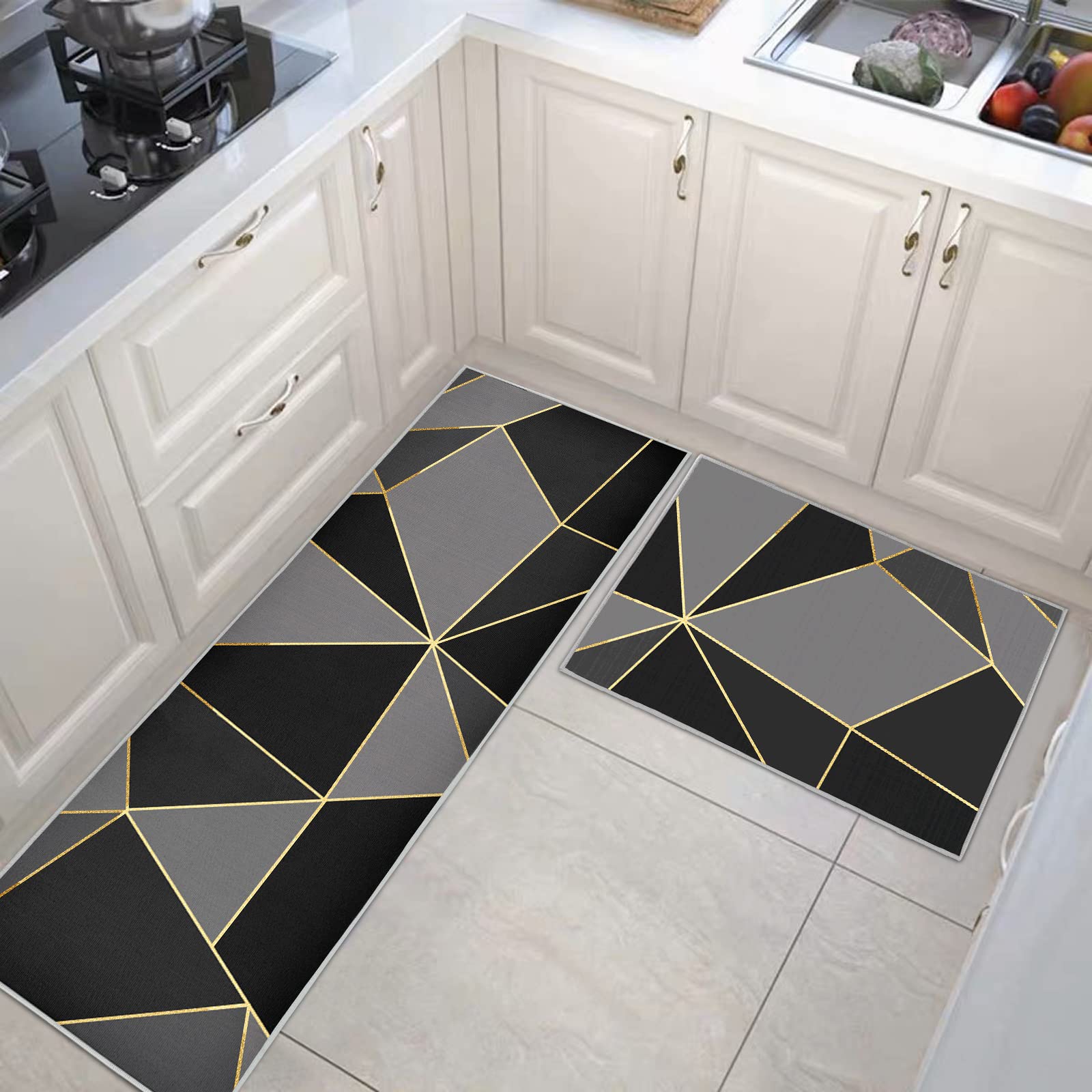 Set di 2 tappeti da cucina, Geometria passatoia cucina,tappeto cucina antiscivolo lavabile per cucina, lavanderia, soggiorno (Geometrico, 43x150cm+43x75cm)