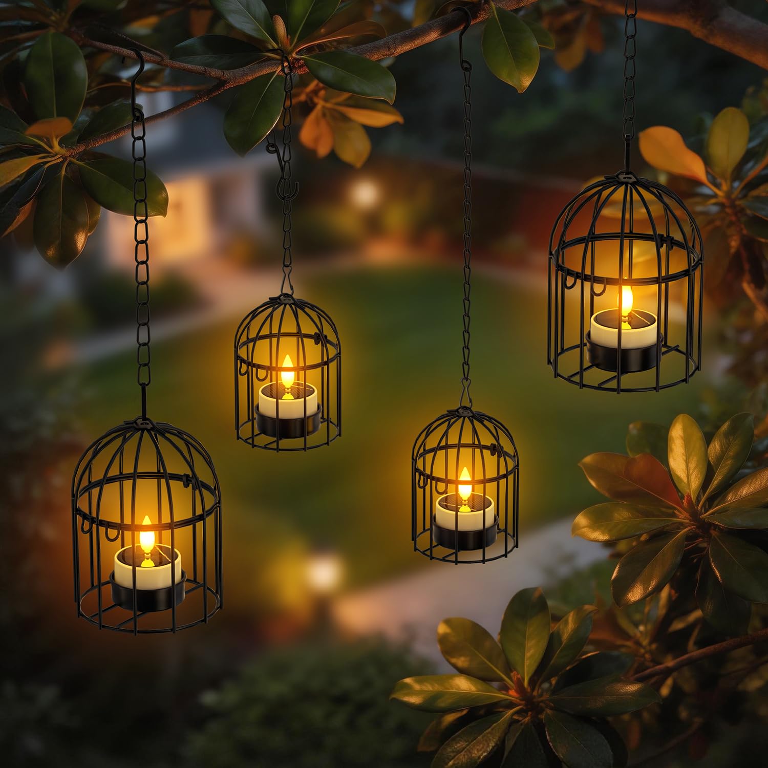 SoulBay Lanternes suspendues avec lumières solaires brillantes - 4 pièces (2 grandes, 2 petites) Bougies solaires étanches pour l'extérieur, lumières de jardin pour arbre, patio, clôture, décoration