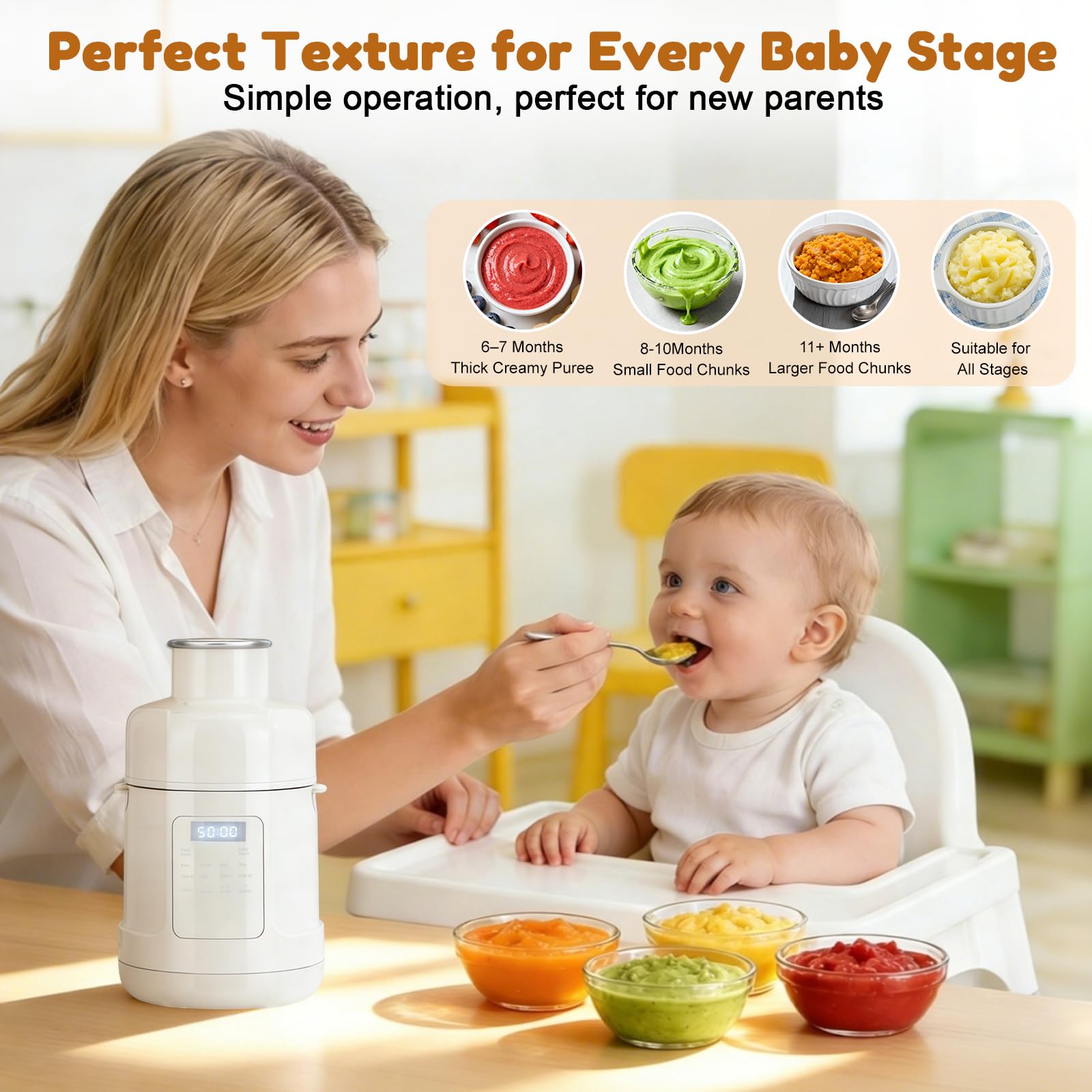 Robot cuiseur mixeur bébé 500W — Tout-en-un : cuiseur vapeur, mixeur, chauffe-biberon — Purées pour tous âges — Écran tactile, programmes préréglés, auto-nettoyage — Acier inoxydable