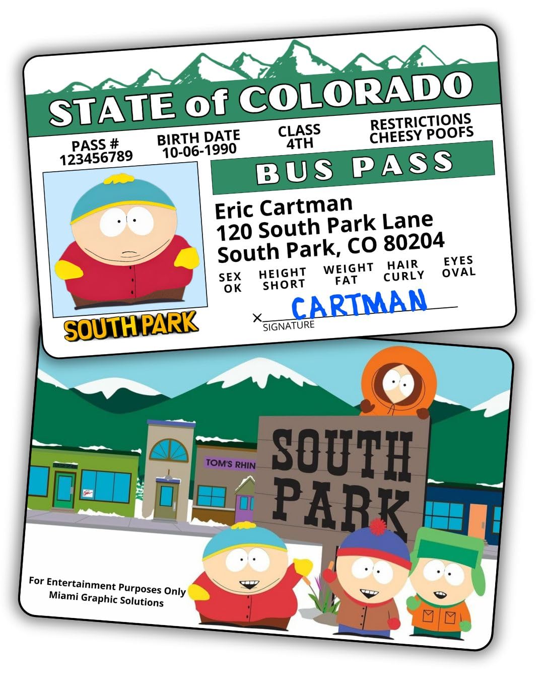 Miami Graphic Solutions South Park Bus Pass & Driver License | Double Sided Gag Card | Costume Accessory & Prank Gift | Funny Fake ID for Cosplay, Halloween or Collectors (Eric)