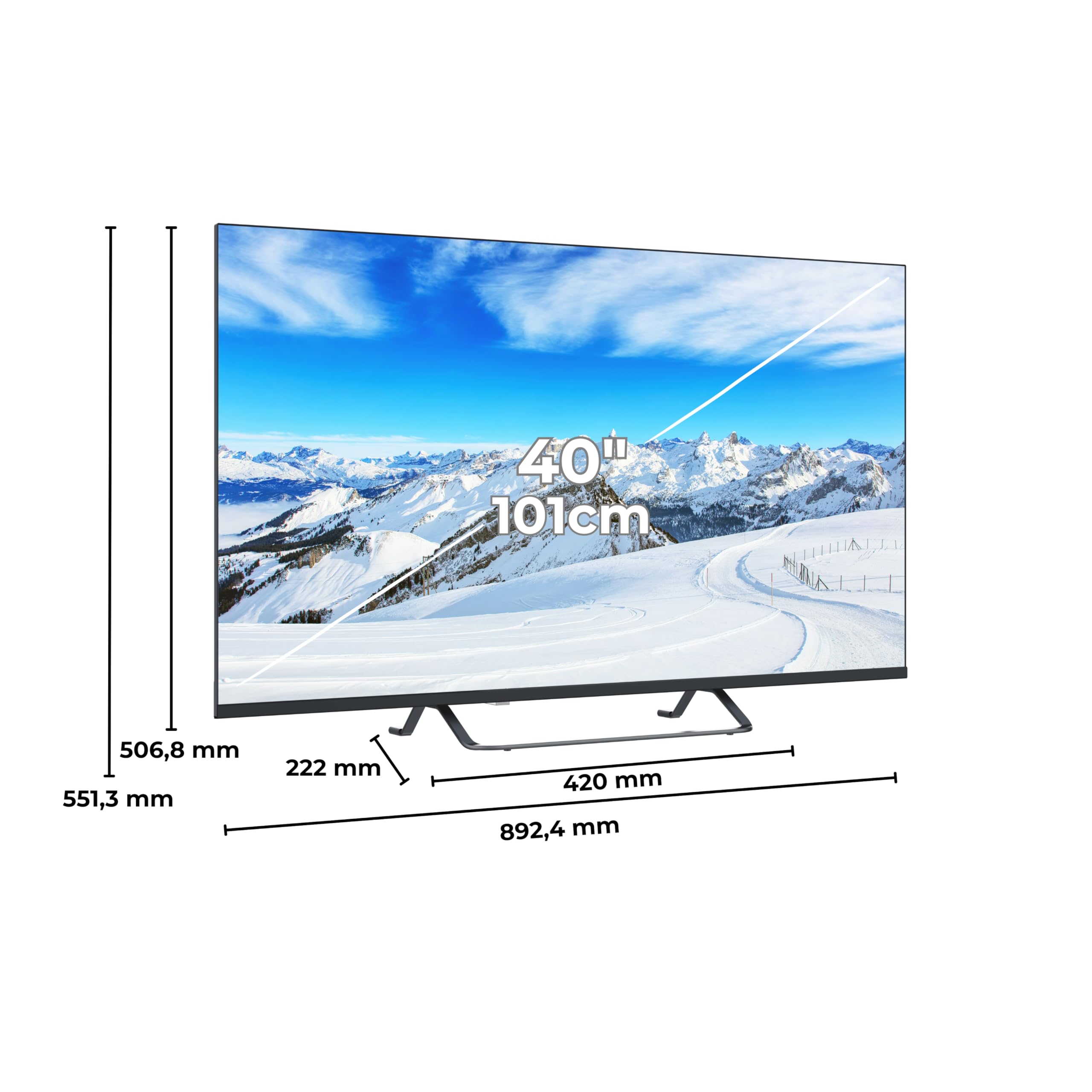 DIGIQUEST Smart TV 40", bezramowy, Full HD, Android Google TV, Wi-Fi, LCN Tivùsat, podwójny tuner, Mediaplayer, funkcja CEC, centralna podstawa, czarny [klasa efektywności energetycznej E]