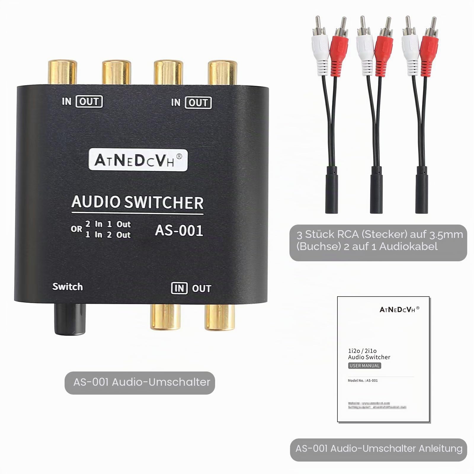 2 Ports 1 Eingang 2 Ausgang / 2 Eingang 1 Ausgang bidirektionaler Audio-Switch kompatibel für RCA 3,5 mm Anschlüsse, 2-Wege-Stereo-K L/R Lautsprecher Kopfhörer Audio-Selektor Splitter Box