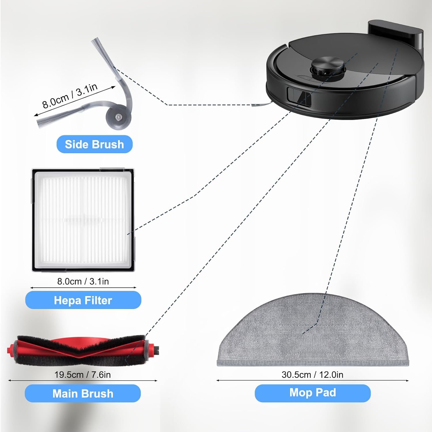 Accessories set for Roborock Q10 X5/Q10 X5+ robot vacuum cleaner, spare parts contain 1 main brush, 4 hepa filters, 4 Mop Pads, 4 side brushes, 1 screwdriver, 1 brush