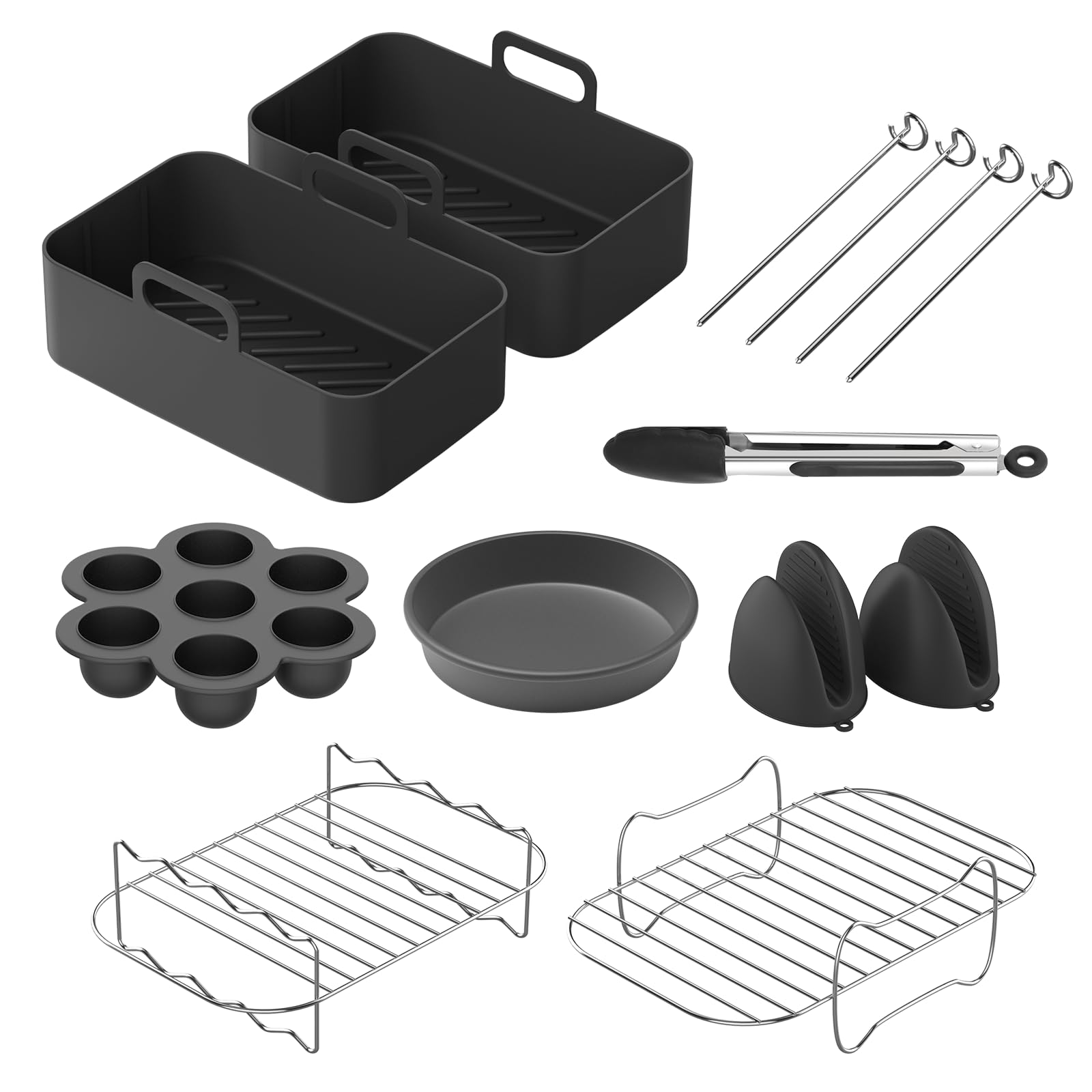 Aoresac Accessori Friggitrice ad aria 5 Inch, 9 pezzi Accessori per Friggitrice con Rivestimento per Friggitrice ad Aria Griglia per Friggitrice ad Aria, Clip per Alimenti, Teglia per Pizza