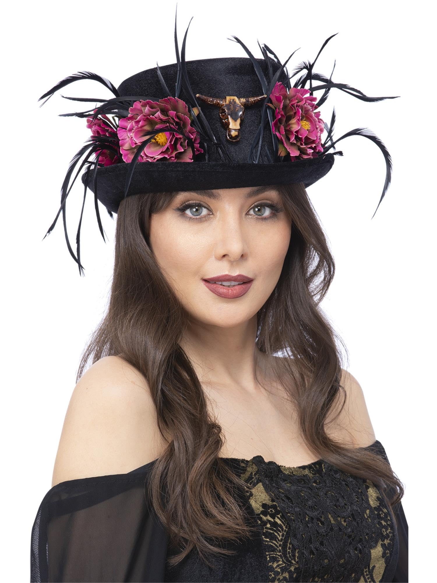 Smiffys Floral Horn Top Hat with Pink Peony Flowers & Feathers, Halloween Fancy Dress Accessory, Day of The Dead Dress Up Hats