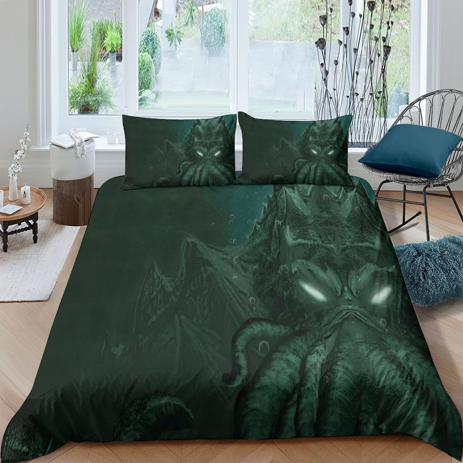 GPLZQXKJNH 3D Printed Cthulhu Dark Green Duvet Cover Microfiber Soft Breathable Octopus Monster Bedding Set with 2 Pillowcases for Bedroom Home Single（135x200cm）