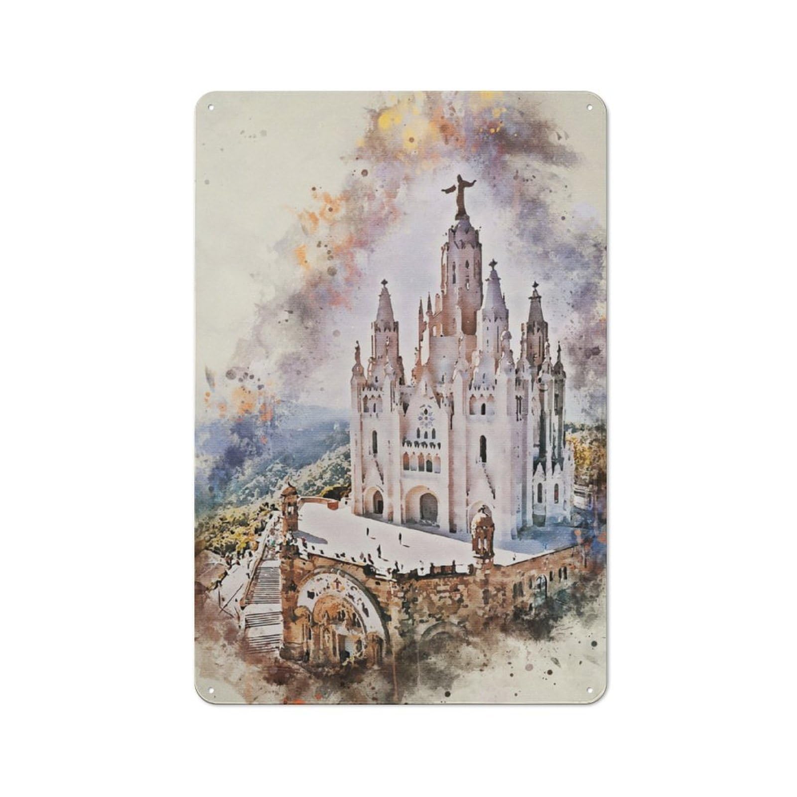 Junmoney Barcelona Spain Watercolor Retro Tin Sign 30X20cm For Garage Or Workshop, For Furnishing A New Garage And Workshop With Retro Decor