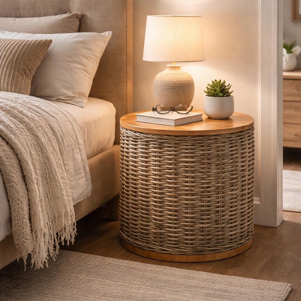 Kobolo Beistelltisch Marta runder Rattan Tisch mit Deckel aus 50 cm Grau