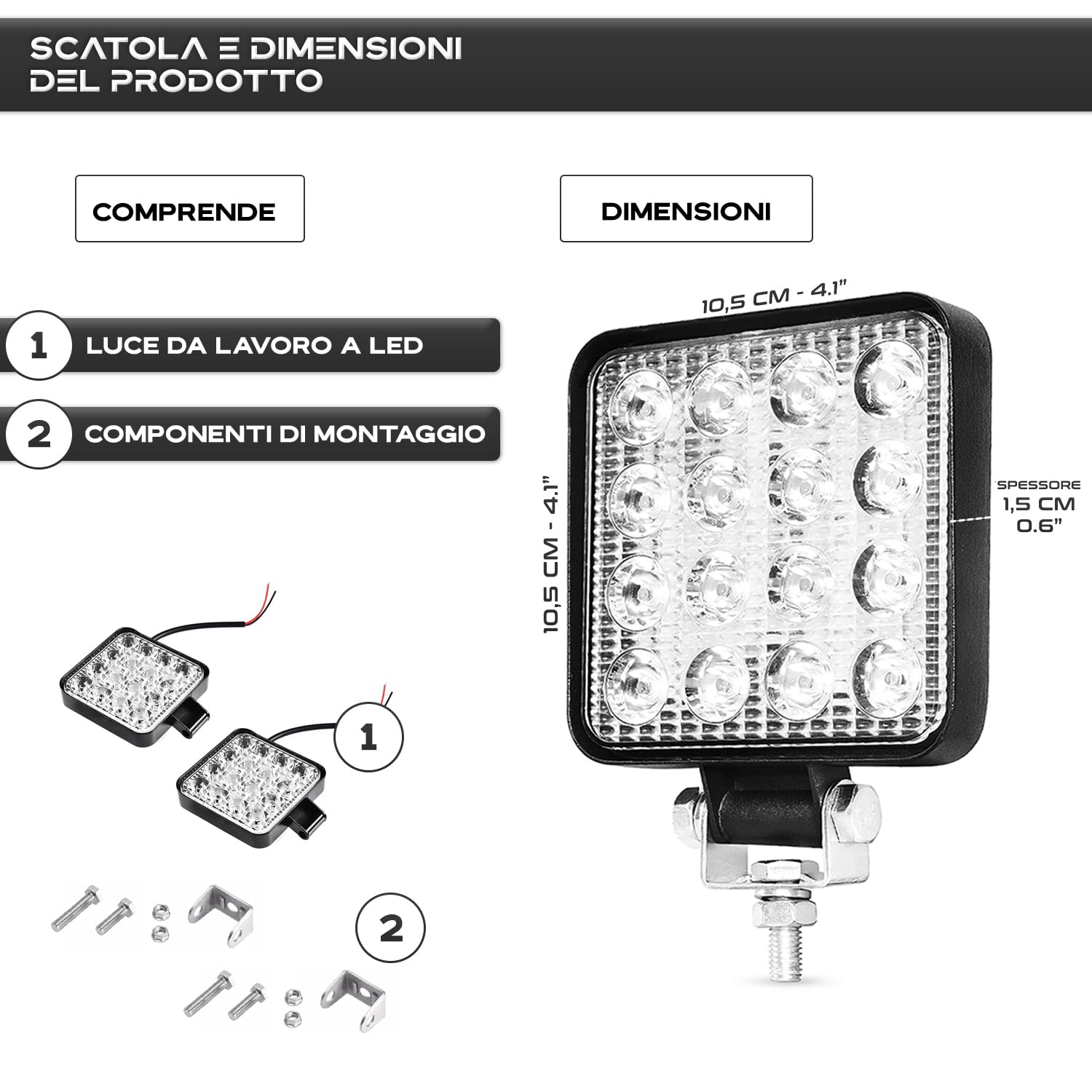 Trattore 12V 2 pezzi alluminio abs 48W 16 led 6500K 10.5 cms 4.21" faro led